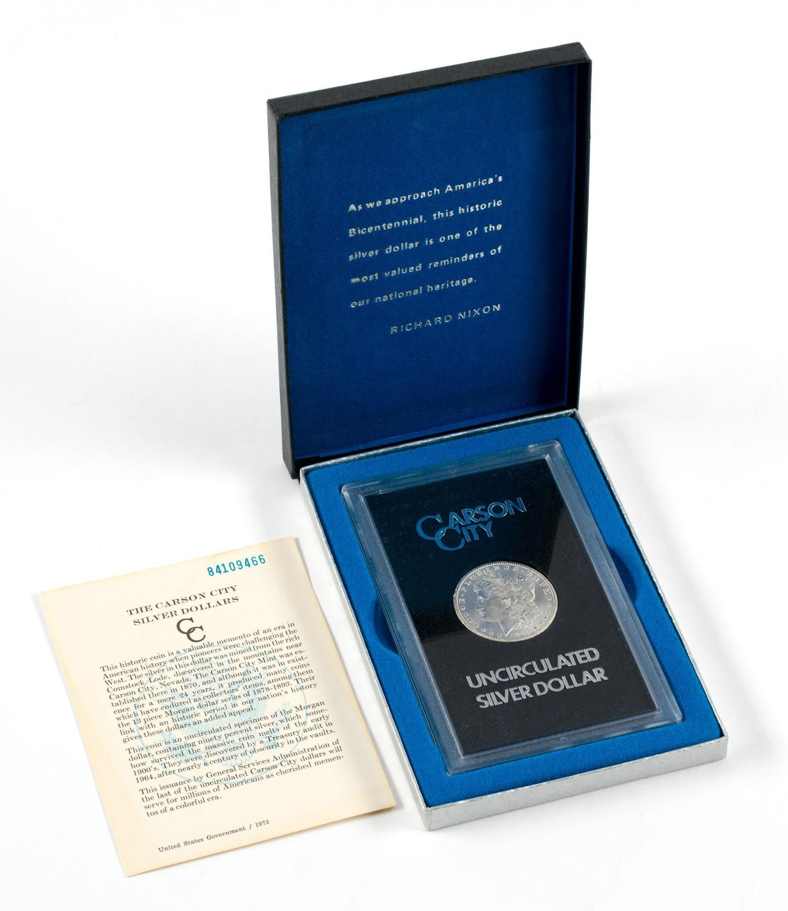 1884-CC Carson City Morgan Silver Dollar GSA: A GSA issuance Carson City 1884 silver dollar with original box and papers.