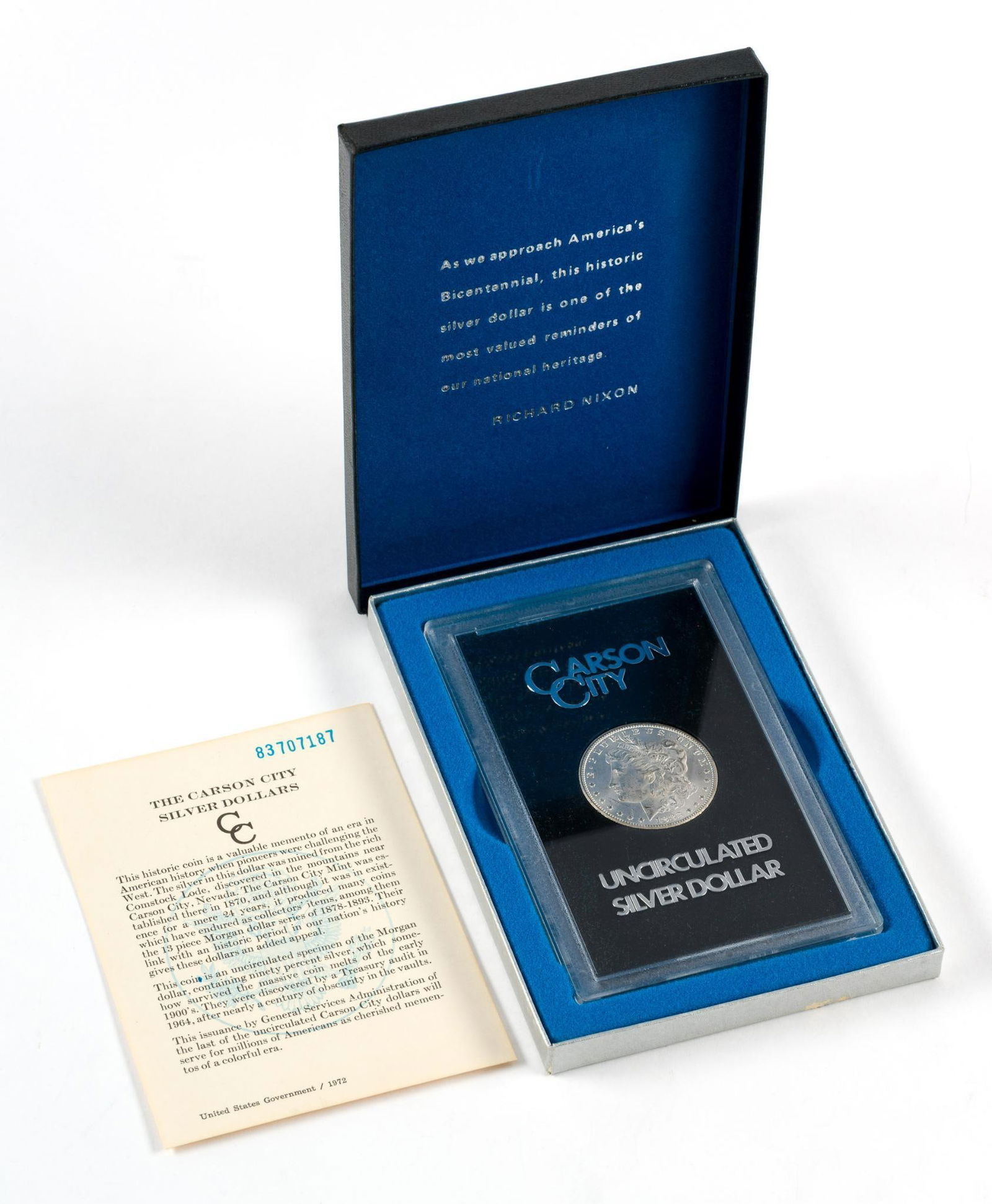 1883-CC Carson City Morgan Silver Dollar GSA: A GSA issuance Carson City 1883 silver dollar with original box and papers.