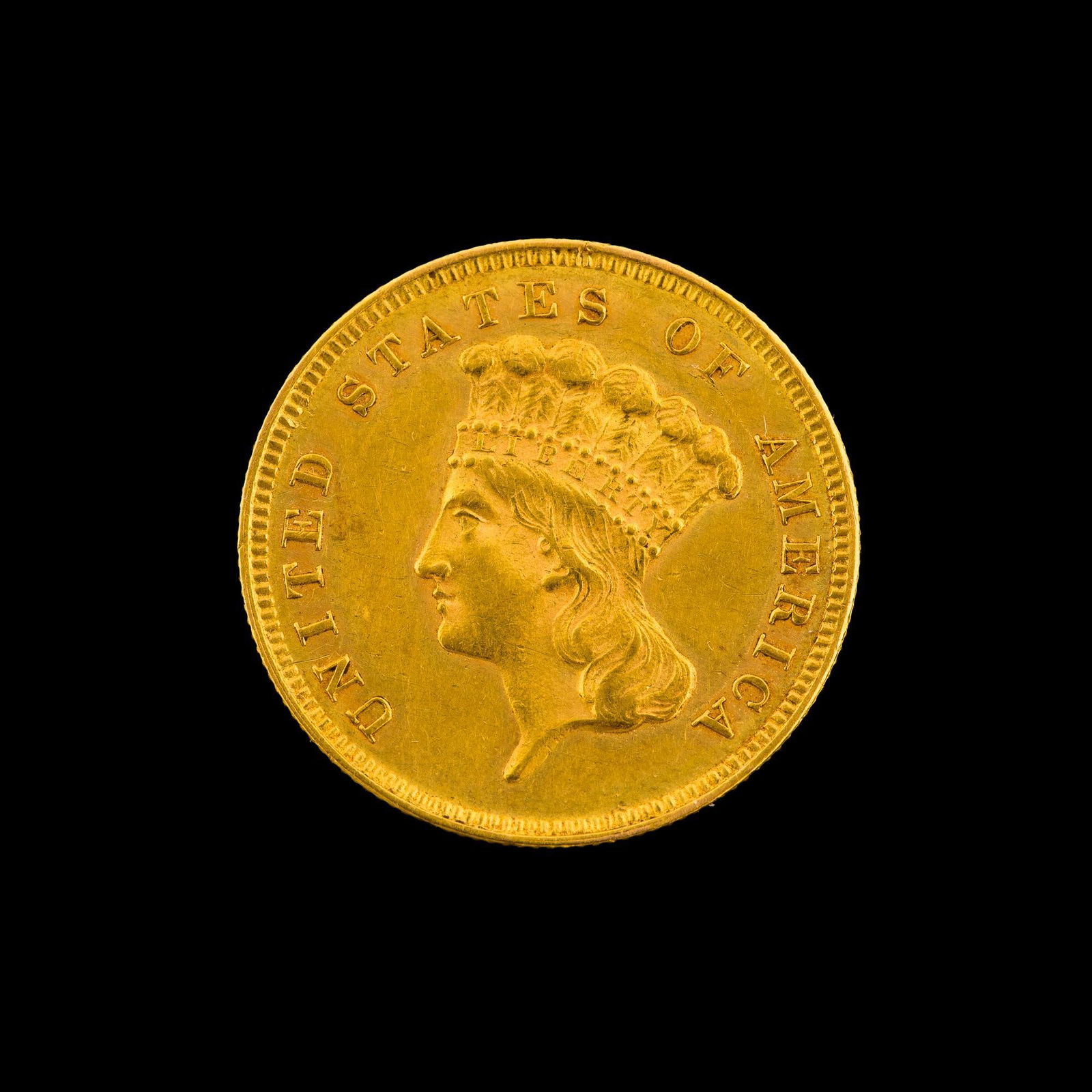 1859 Three Dollar Gold Coin: An Indian Princess $3 Gold in XF to AU not showing past polishing.