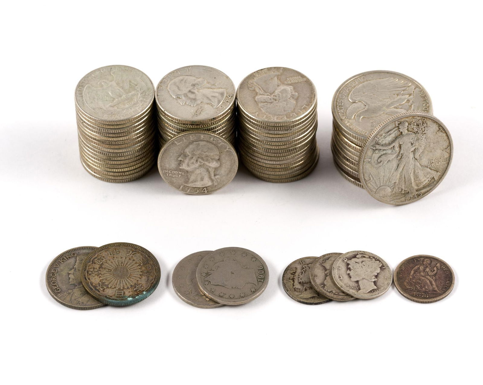 Silver Coins Including Walking Liberty Half Dollars: (49 silver Washington quarters, Booker T. Washington Commemorative Half, (10) silver half dollars, 1876 dime, others.