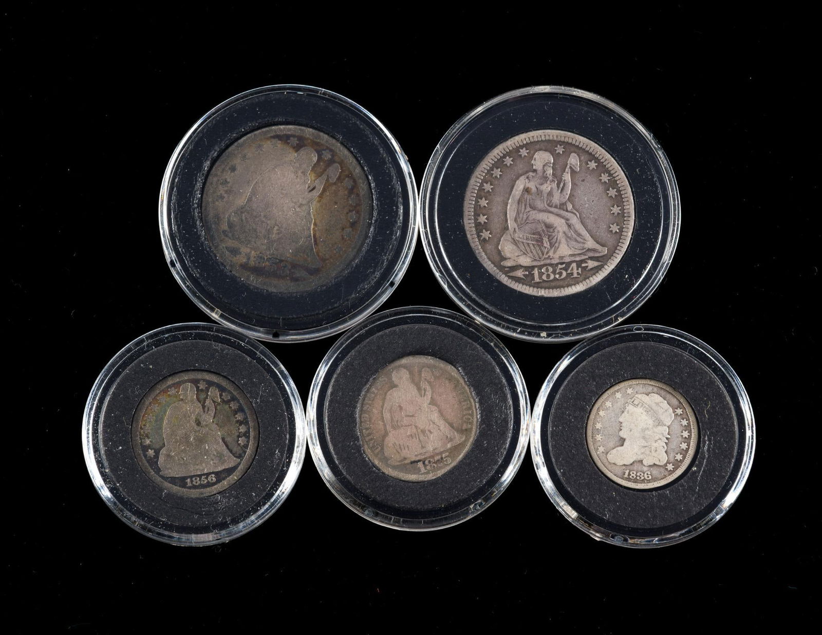 Five Seated Liberty And Capped Bust Silver Coins (1 of 2)