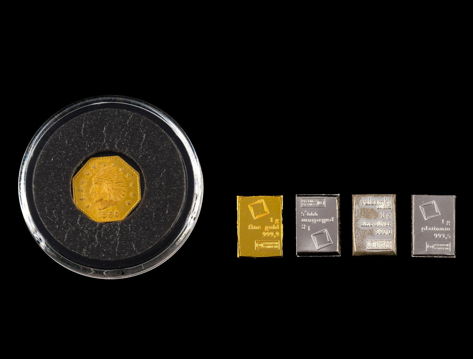 One Gram Precious Metals Bars Including Gold: The one gram bars include pure gold, palladium, platinum, and silver. There is also a 14k gold 1/2 dollar California gold token.