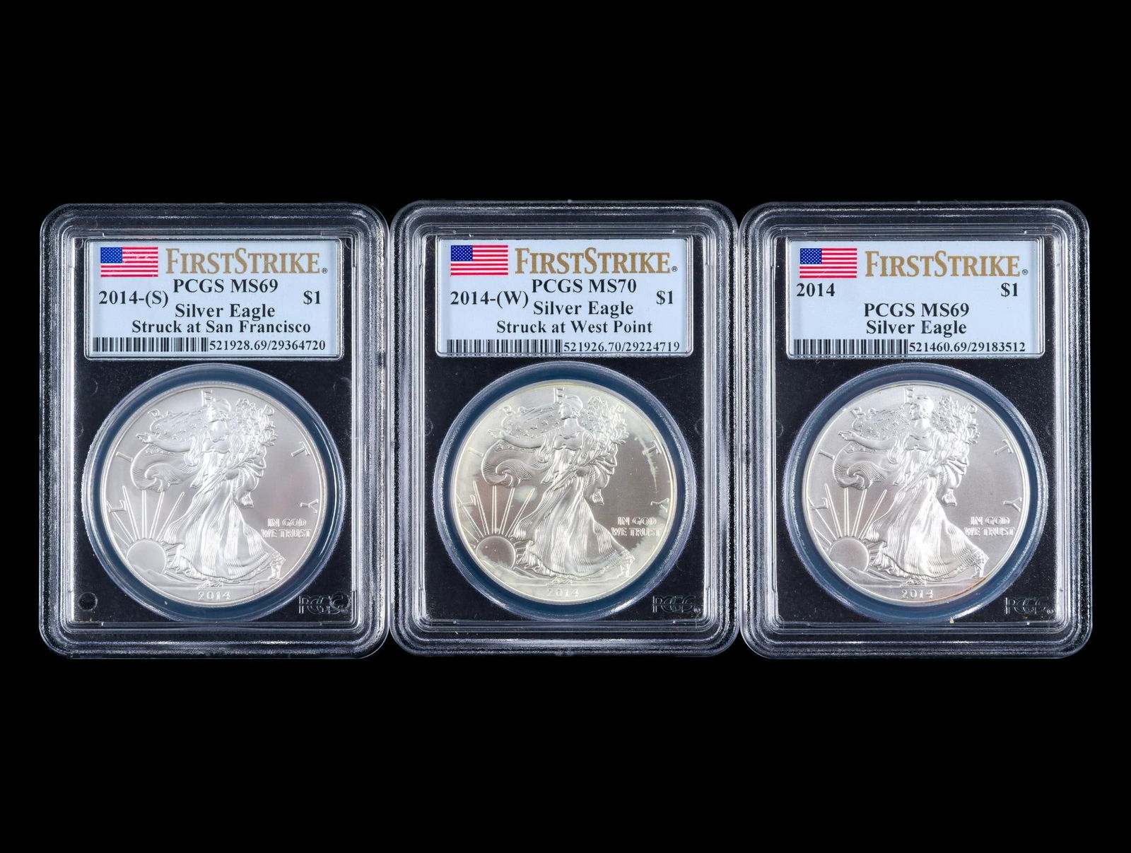 Three PCGS Graded Silver American Eagles: All 2014 and include Philadelphia, West Point, San Francisco with grades MS69 to MS70