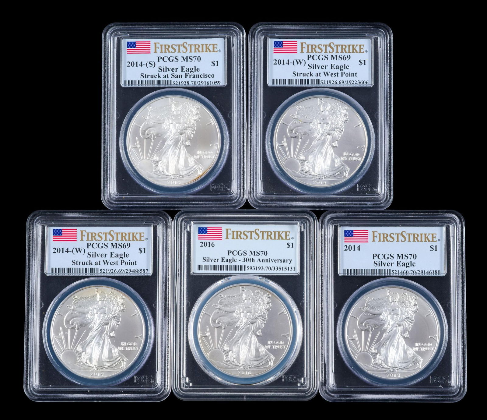 Five PCGS Graded Silver American Eagles: All 2014 except one 30th Anniversary 2016 . The mints include Philadelphia, West Point, San Francisco, with grades MS69 to MS70