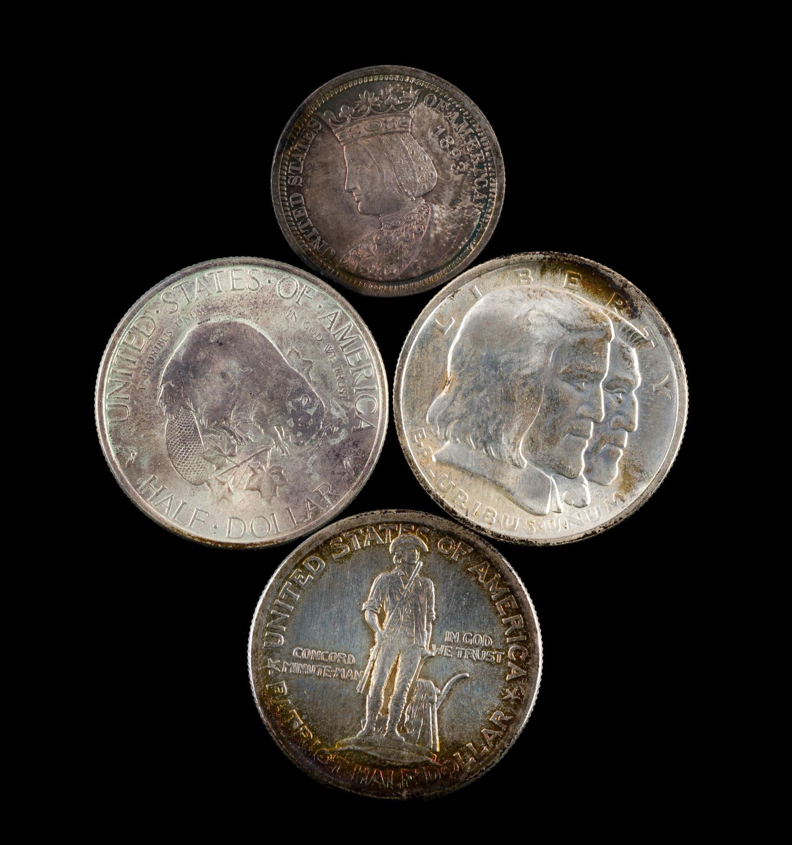 Commemorative Silver Coins Including 1893 Isabella Quarter And Albany 1936 Half Dollar: 1893 Isabella Quarter, 1936 Albany, NY half dollar, 1936 Long Island Tercentenary half dollar, Lexington Concord 1925 half dollar. All four coins have good surfaces with no past cleaning evidence and