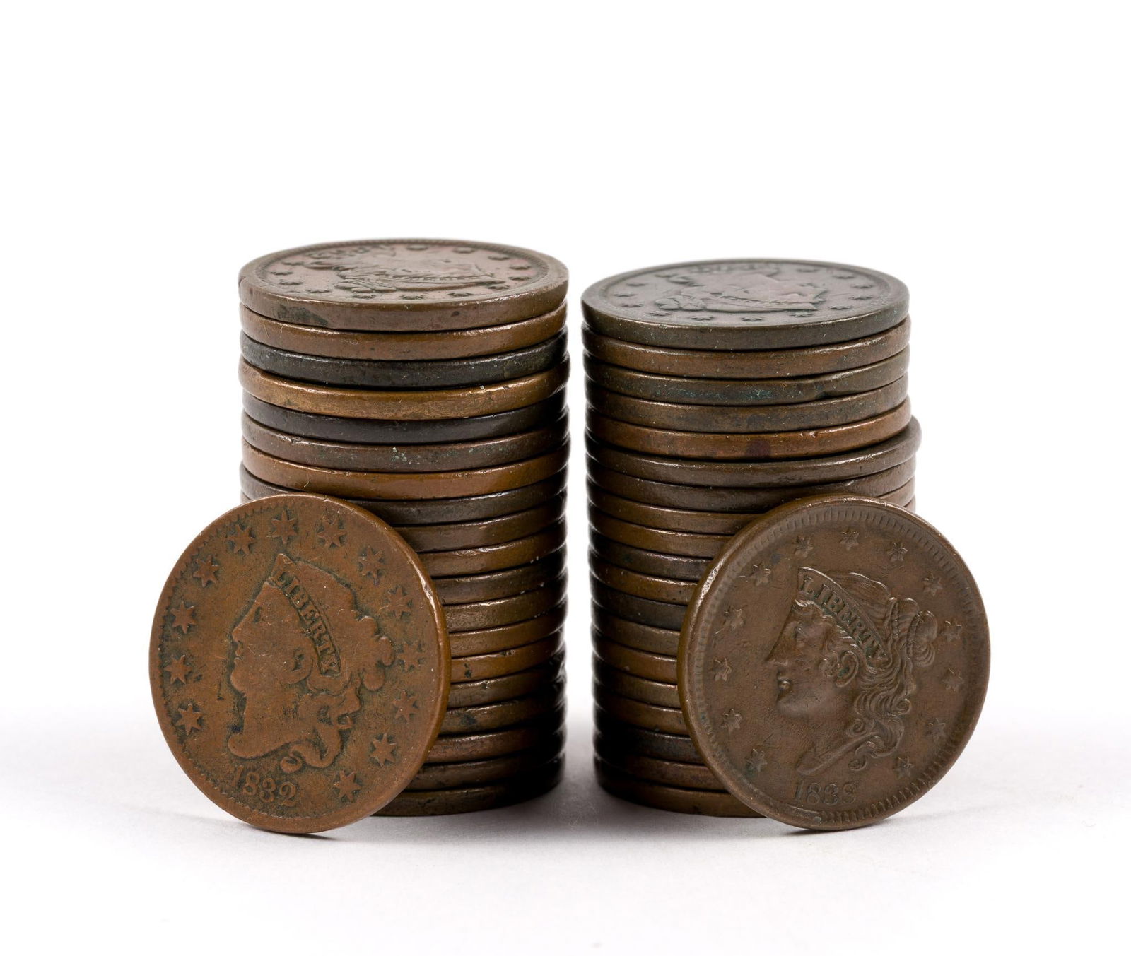 Forty Large Cents Mostly Braided Hair: Highlights include a high XF 1838 Coronet Head, 1827 AG to G, and 1832 G. A few of the Braided Hair coins are past cleaned.