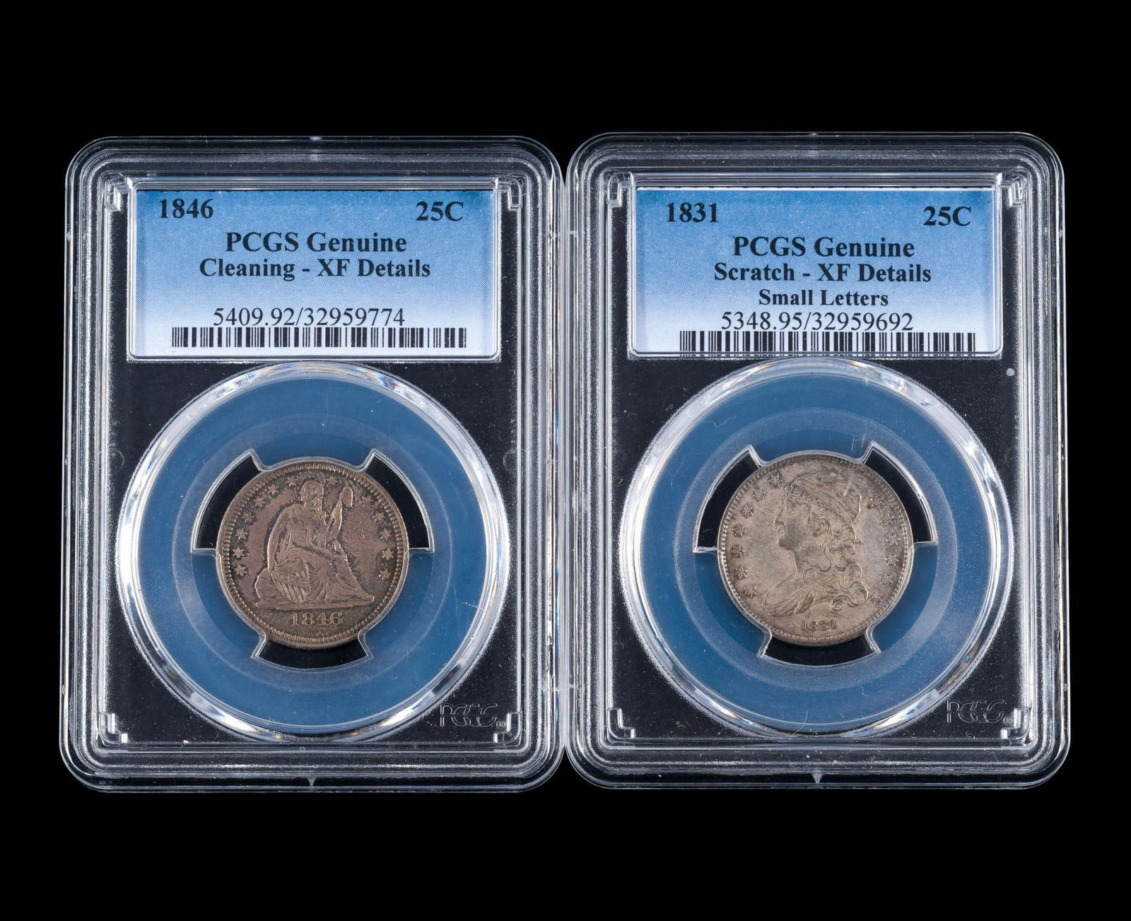 1831 Capped Bust And 1846 Seated Quarters PCGS: Both coins graded details by PCGS.
