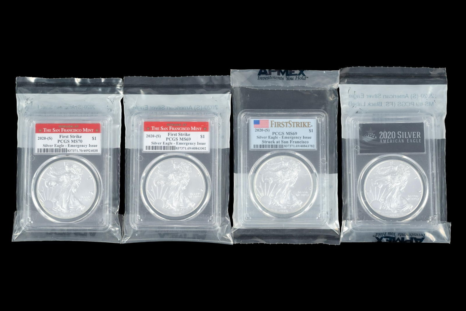 Four 2020-S Emergency Issue Silver American Eagles: All are MS-69 or MS-70 and one is a black label FS example. All are PCGS graded.