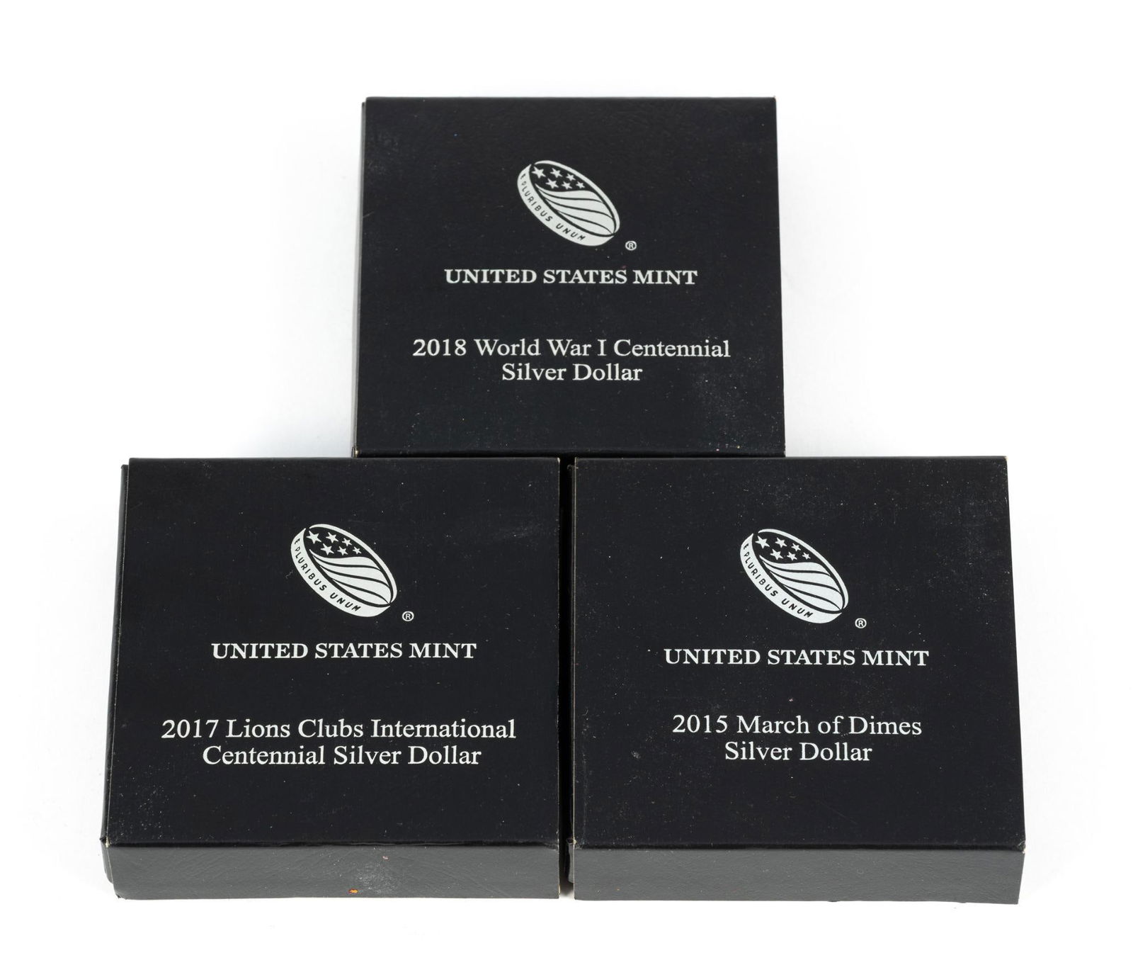Three Commemorative Silver Dollars: They include Lions Clubs 2017, March Of Dimes 2015, World War I Centennial 2018. All are proofs.