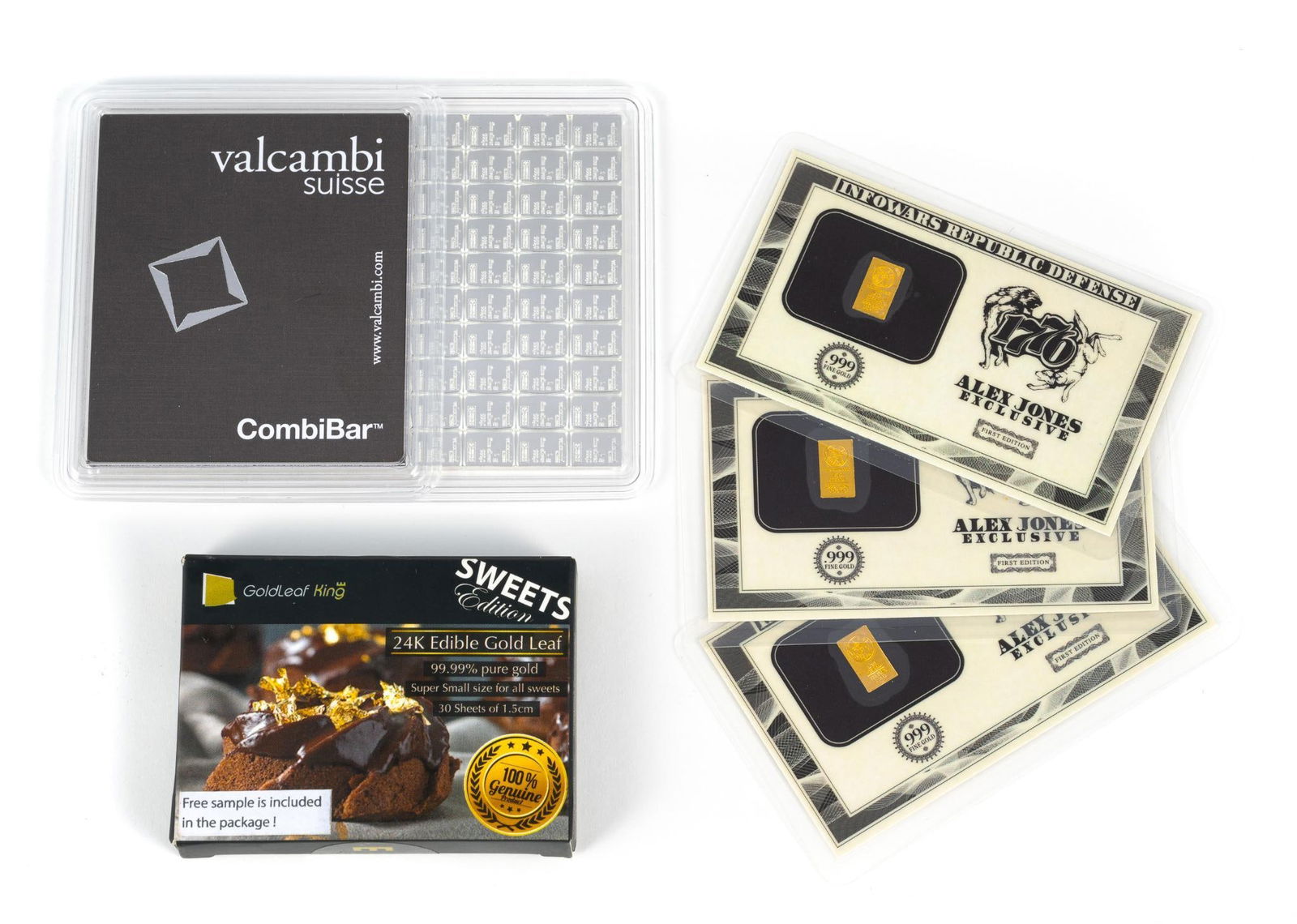 Pure Silver And Gold Bars: Valcambi Suisse CombiBar 100 grams silver (3.2 troy ounces), three 1/10 gram pure gold mini-bars, on pack of edible gold sheets 0.9 grams pure gold ( 30 sheets at .03 grams each).