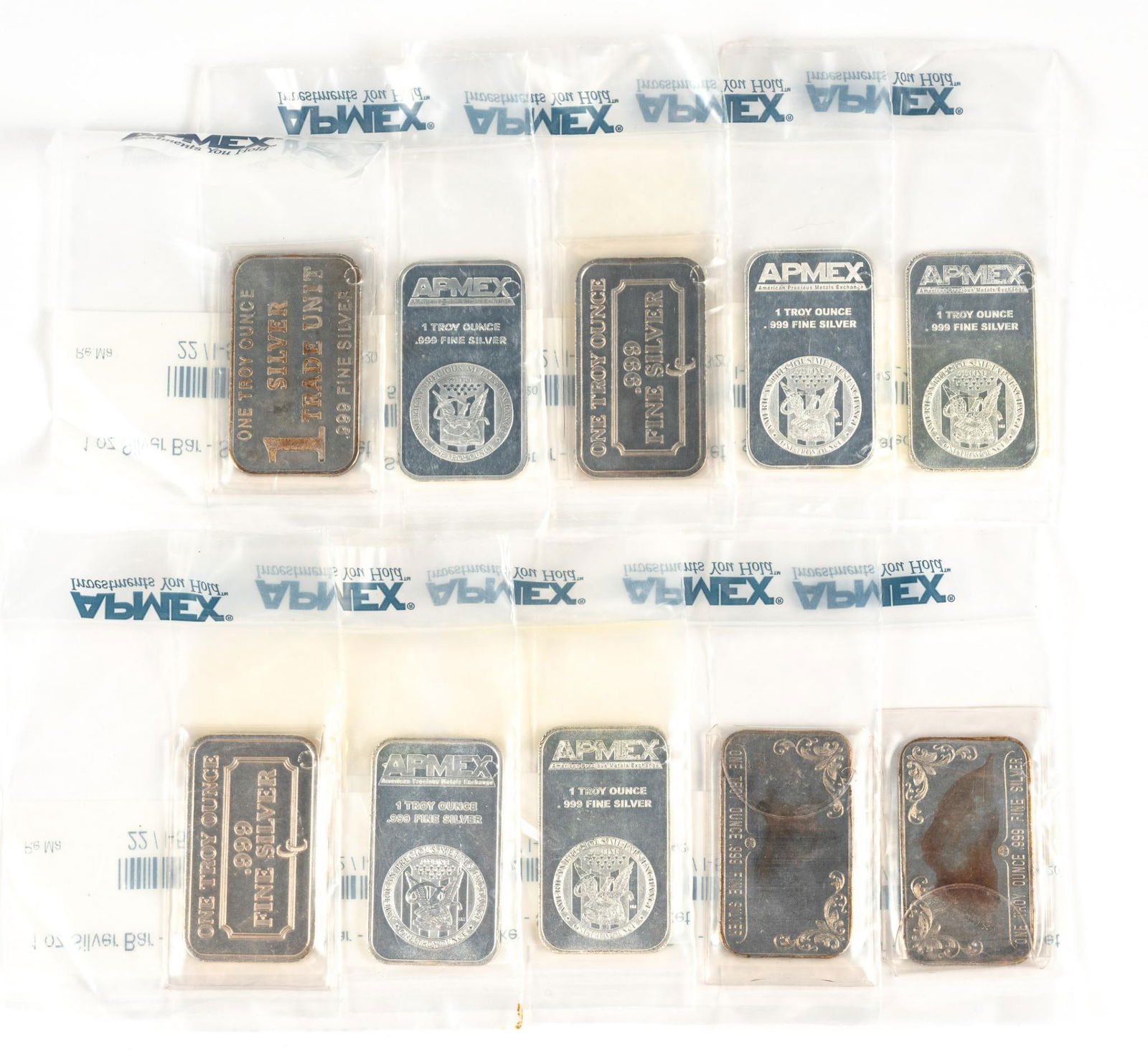 Ten Silver One Ounce Bars: Ten silver bars, all APMEX with differing themes.