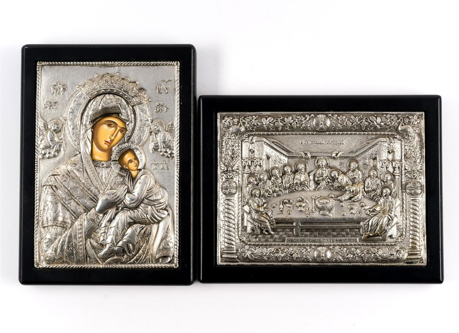 Greek Orthodox Religious Icon 950 Silver Plaques: One a Madonna and Child and a second of the Last Supper. Each is 8 7/8" X 6 7/8" with artwork in 950 silver.