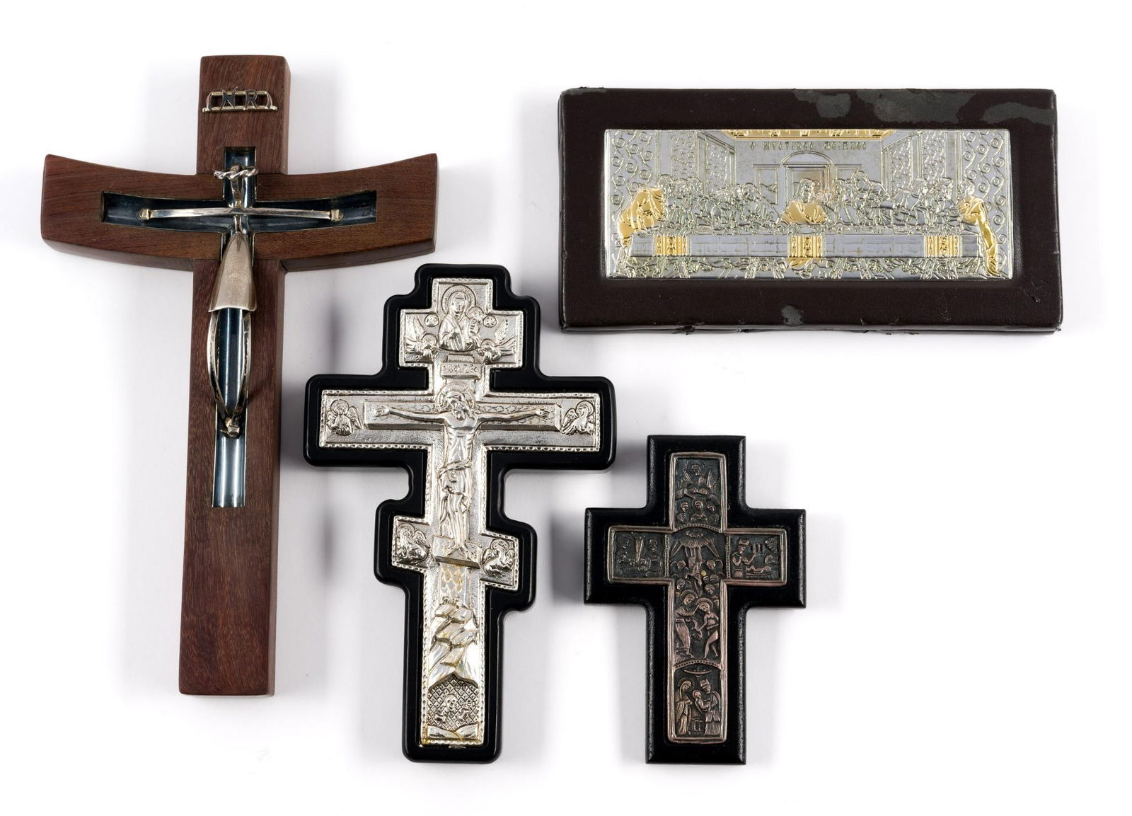 Greek Orthodox 950 Silver Plaques Taxco Mexico Sterling: One a Crucifix in sterling silver and rosewood stamped with it's origin from Mexico's Silver City, Taxco. Also there are two additional crucifixes with 950 silver metalwork and a Last Supper plaque