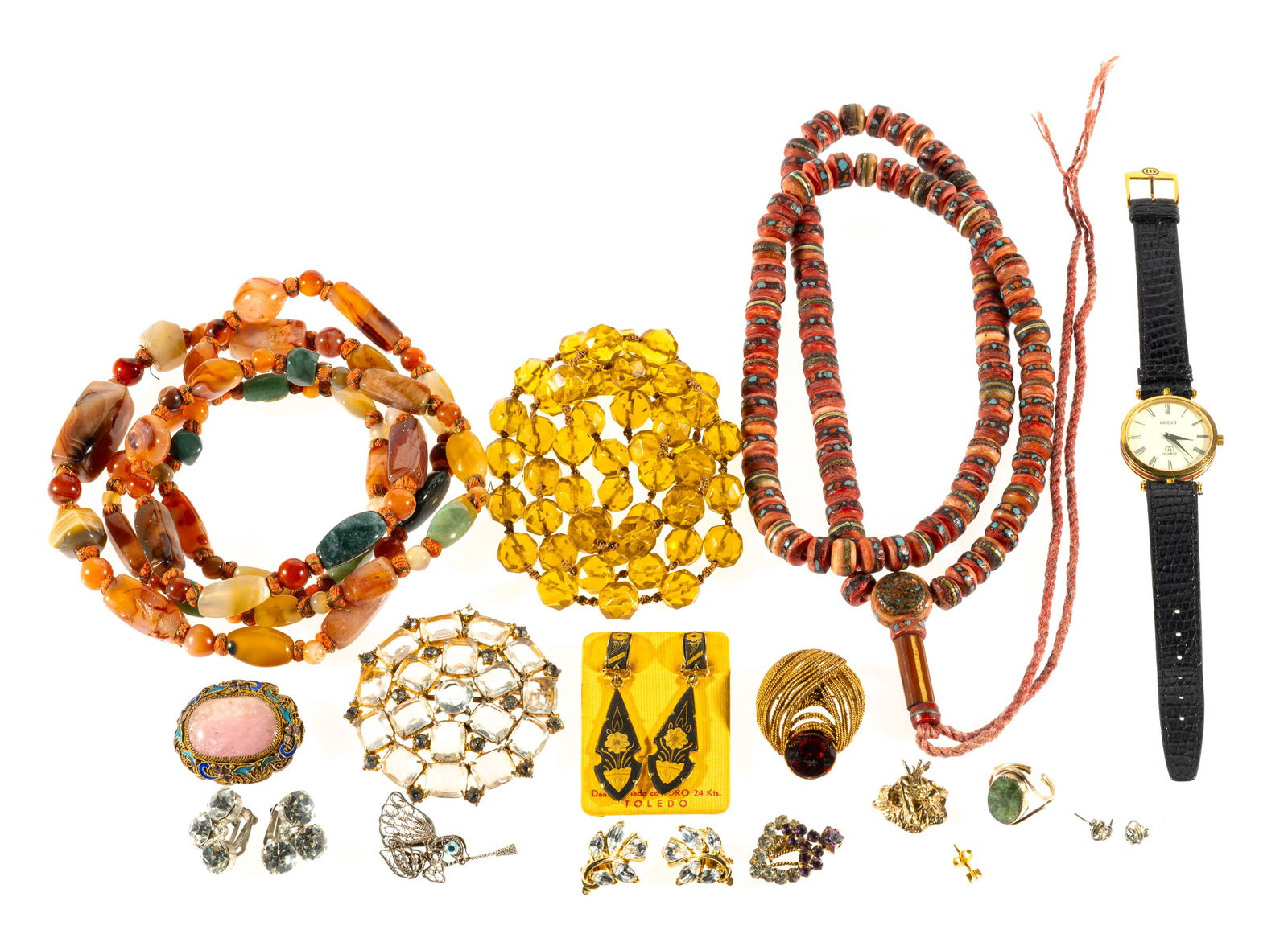 19 Pcs Costume Jewelry: Includes Gucci Watch, necklace, brooches, and more.