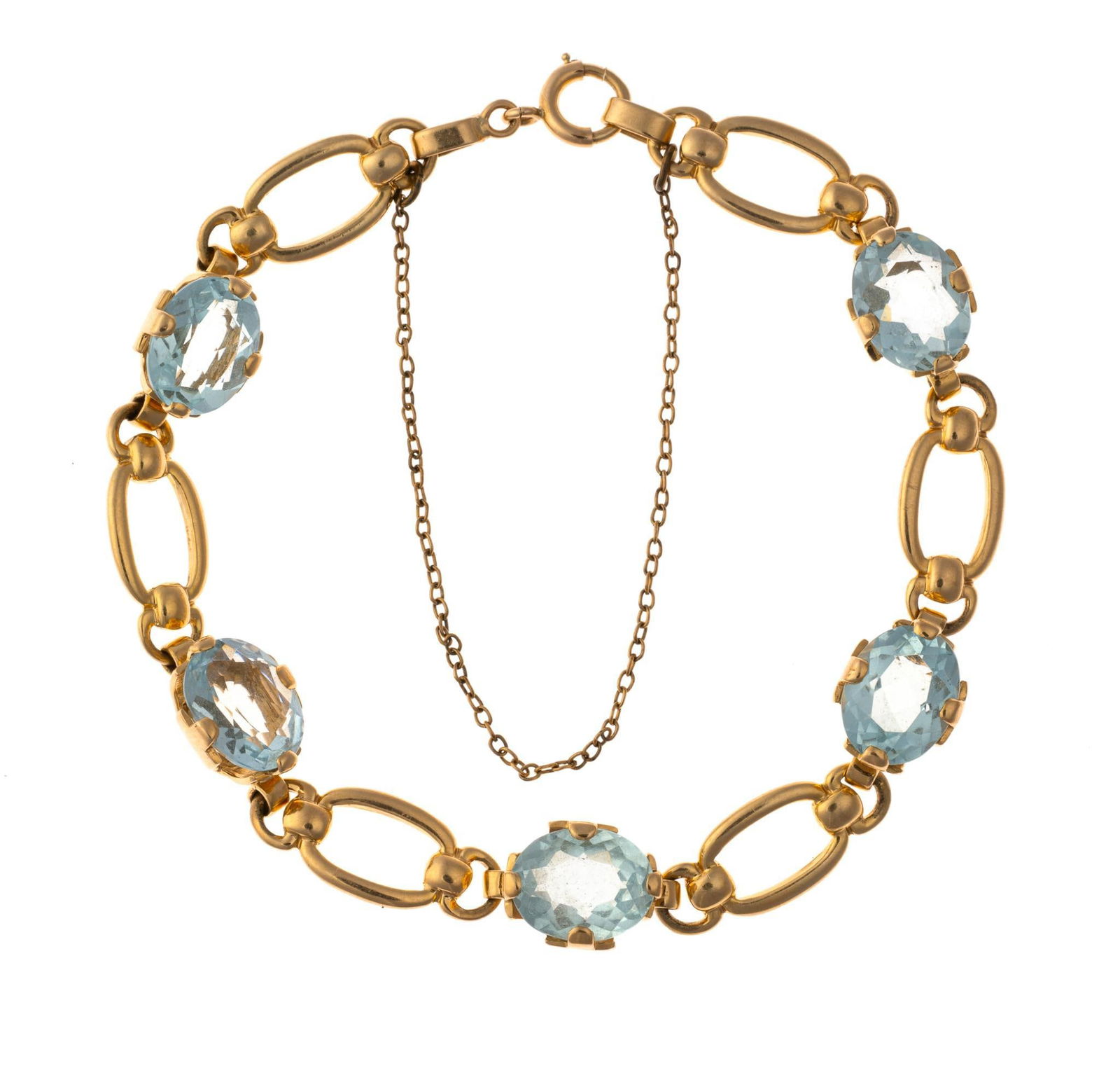 14K Gold and Aquamarine Bracelet: A 7" length bracelet with five oval faceted aquamarine gemstones. A vintage piece with custom designed chain links. It is equipped with a safety chain. Weight is 13.2 grams. The gemstones are approxim