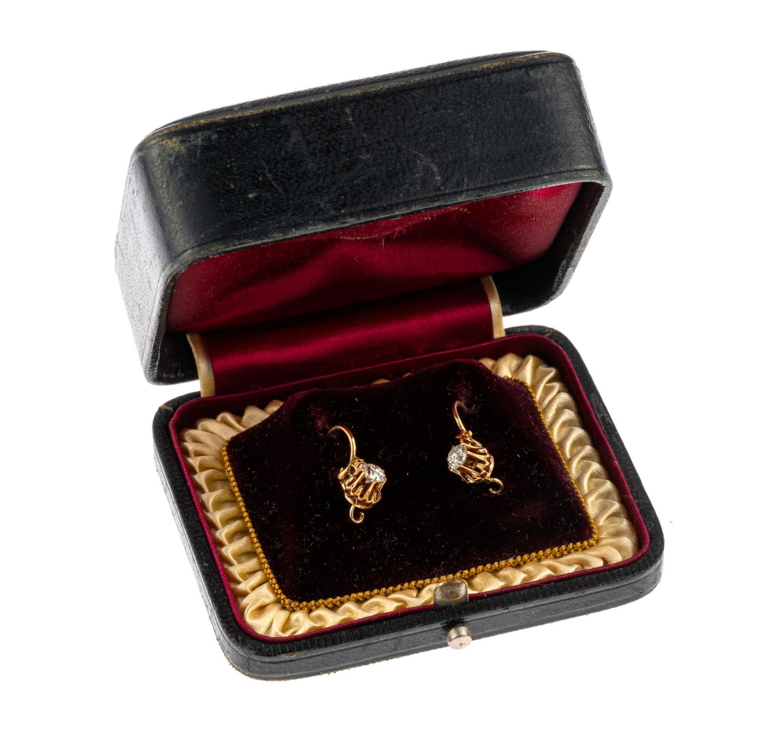 Antique 14K Gold and Diamond Earrings: Antique yellow gold earrings each with approximately 1/4 carat diamond. The earrings are for pierced ears with the diamond settings on a dangle attachment. Weight is 1.7 grams. Includes velvet lined e