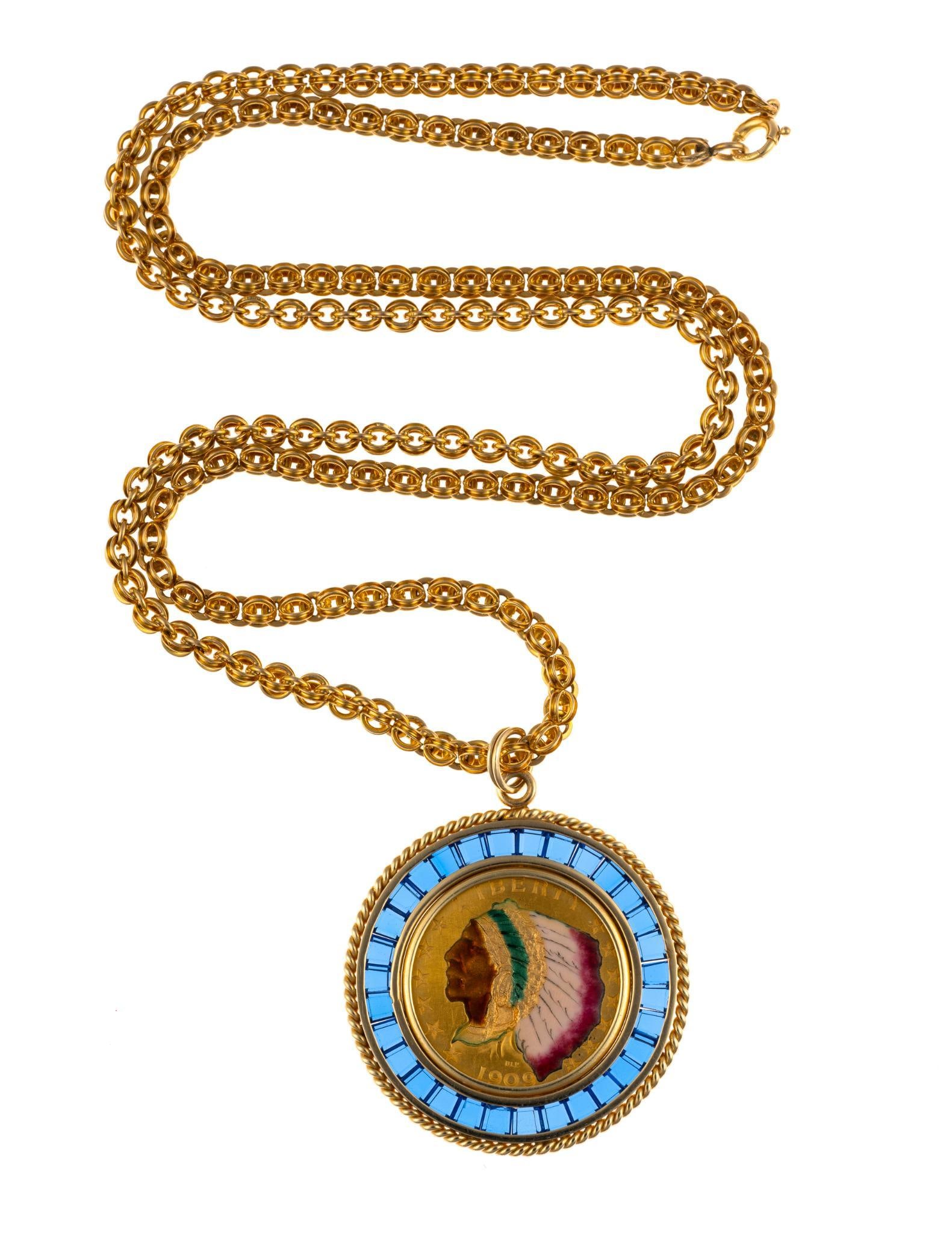 14K Gold Necklace with $5 Gold Indian Coin Pendant (1 of 3)