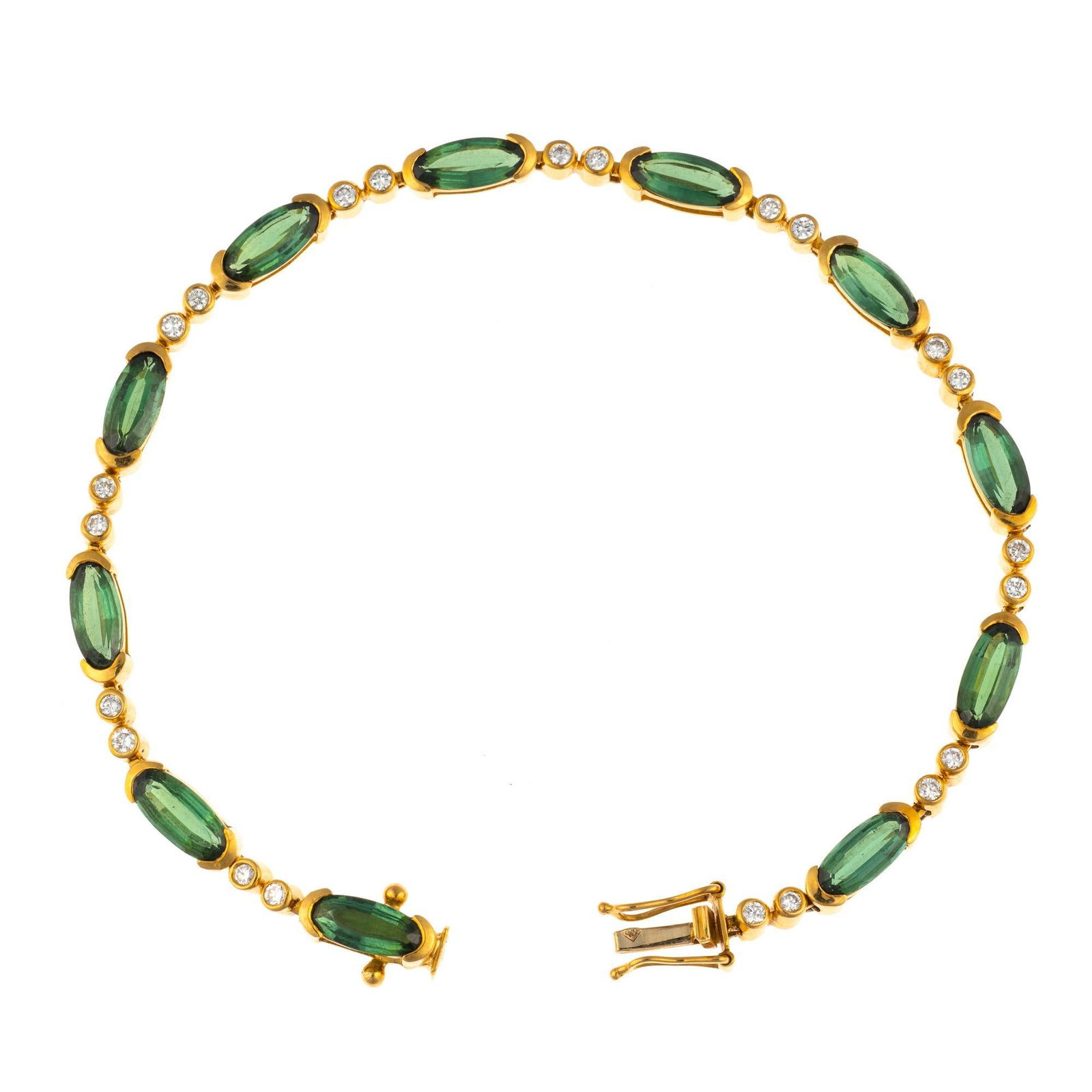 H. Stern 18K Gold, Tourmaline, and Diamond Bracelet: A 7 1/2" flexible link bracelet with eleven green tourmaline gemstones totaling 9.3 carats and diamonds totaling 0.70 carats. Total weight is 14.7 grams. Accompanied by H. Stern Jewellers paperwork fr