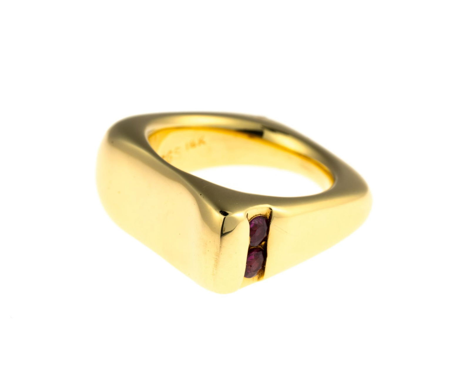 18K Gold and Ruby Ring: A size 5.25 yellow gold ring enhanced by two round brilliant cut red rubies. This is an unused, custom designed ring from the collection of a retiring GIA Graduate Gemologist and jewelry designer.