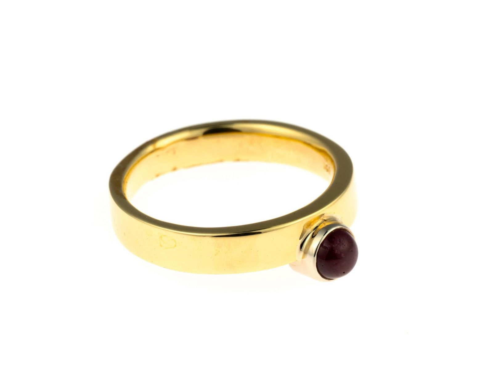 18K Gold and Ruby Ring: A size 6 yellow gold ring enhanced by a round cabochon ruby of 0.67 carats. This is an unused, custom designed ring from the collection of a retiring GIA Graduate Gemologist and jewelry designer. The