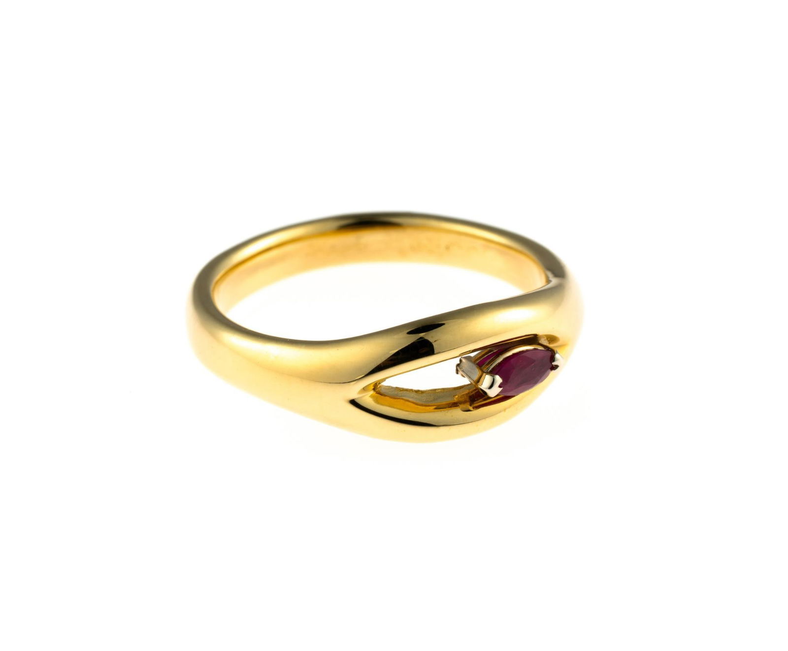 18K Gold and Ruby Ring: A size 6 yellow gold ring enhanced by a marquise cut ruby of 0.18 carats. This is an unused, custom designed ring from the collection of a retiring GIA Graduate Gemologist and jewelry designer. The we