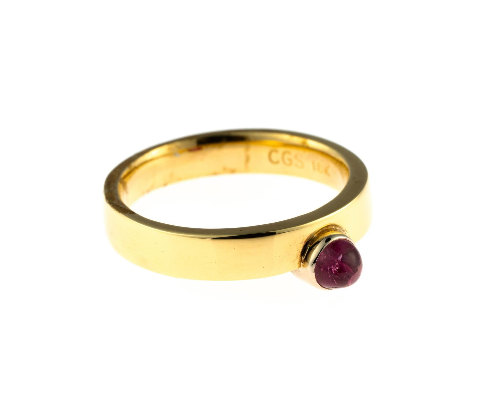 18K Gold and Pink Tourmaline Ring: A size 6 yellow gold ring enhanced by a .47 carat round cabochon pink tourmaline. This is an unused, custom designed ring from the collection of a retiring GIA Graduate Gemologist and jewelry