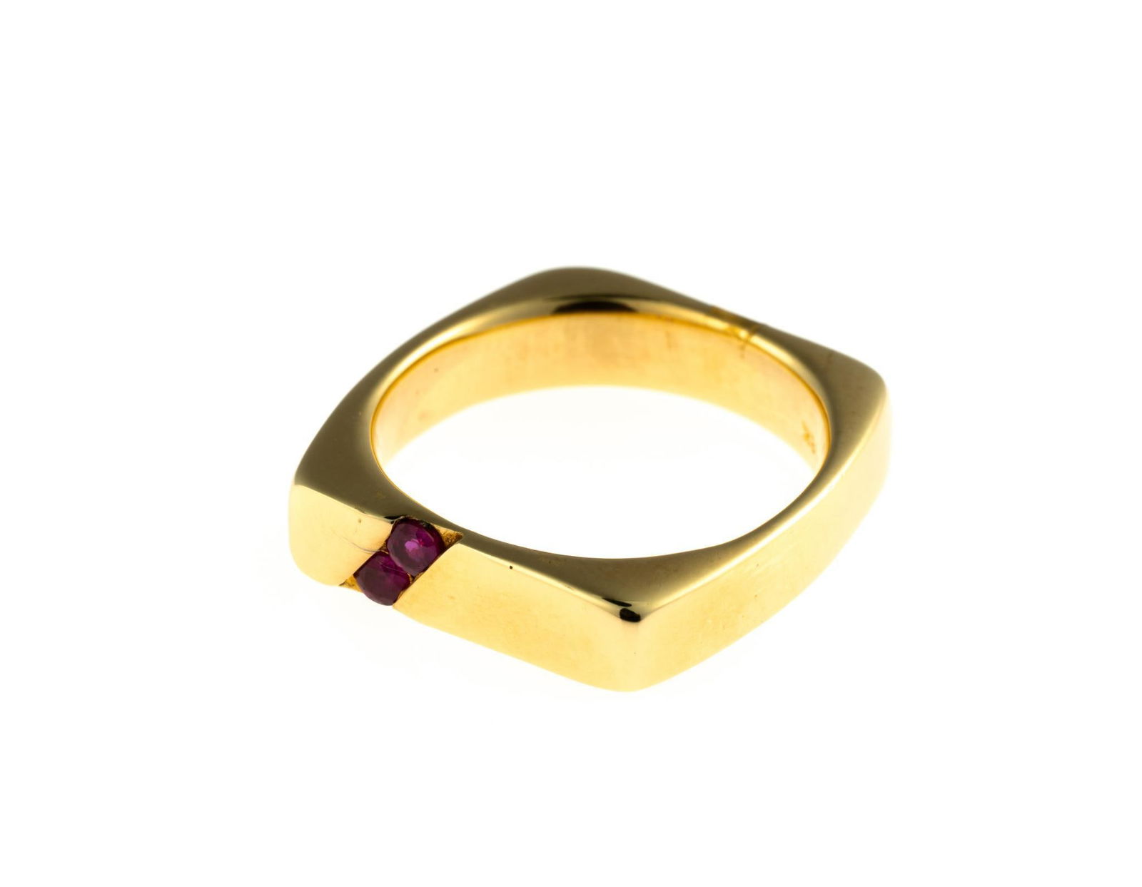 18K Gold and Ruby Ring: A size 9.25 yellow gold ring enhanced by two round brilliant cut rubies. This is an unused, custom designed ring from the collection of a retiring GIA Graduate Gemologist and jewelry designer. The wei