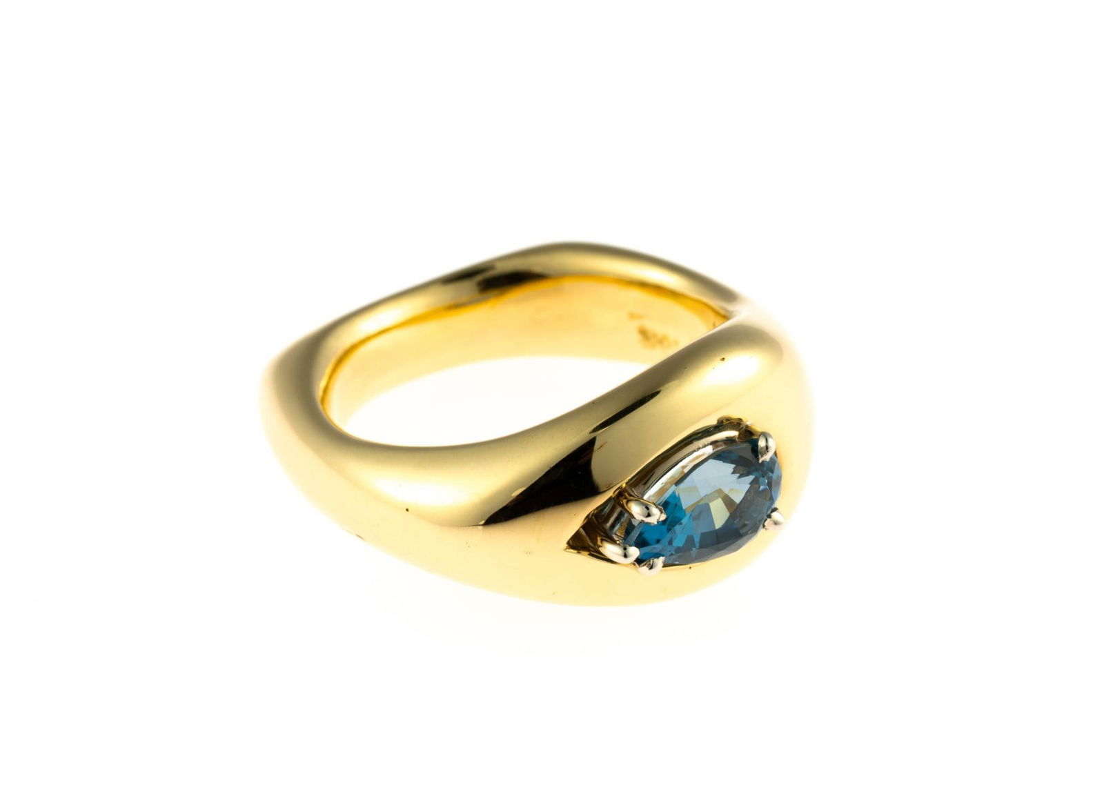18K Gold and Blue Topaz Ring: A size 6 yellow gold ring enhanced by a pear shaped 1.2 carat blue topaz. This is an unused, custom designed ring from the collection of a retiring GIA Graduate Gemologist and jewelry designer. The