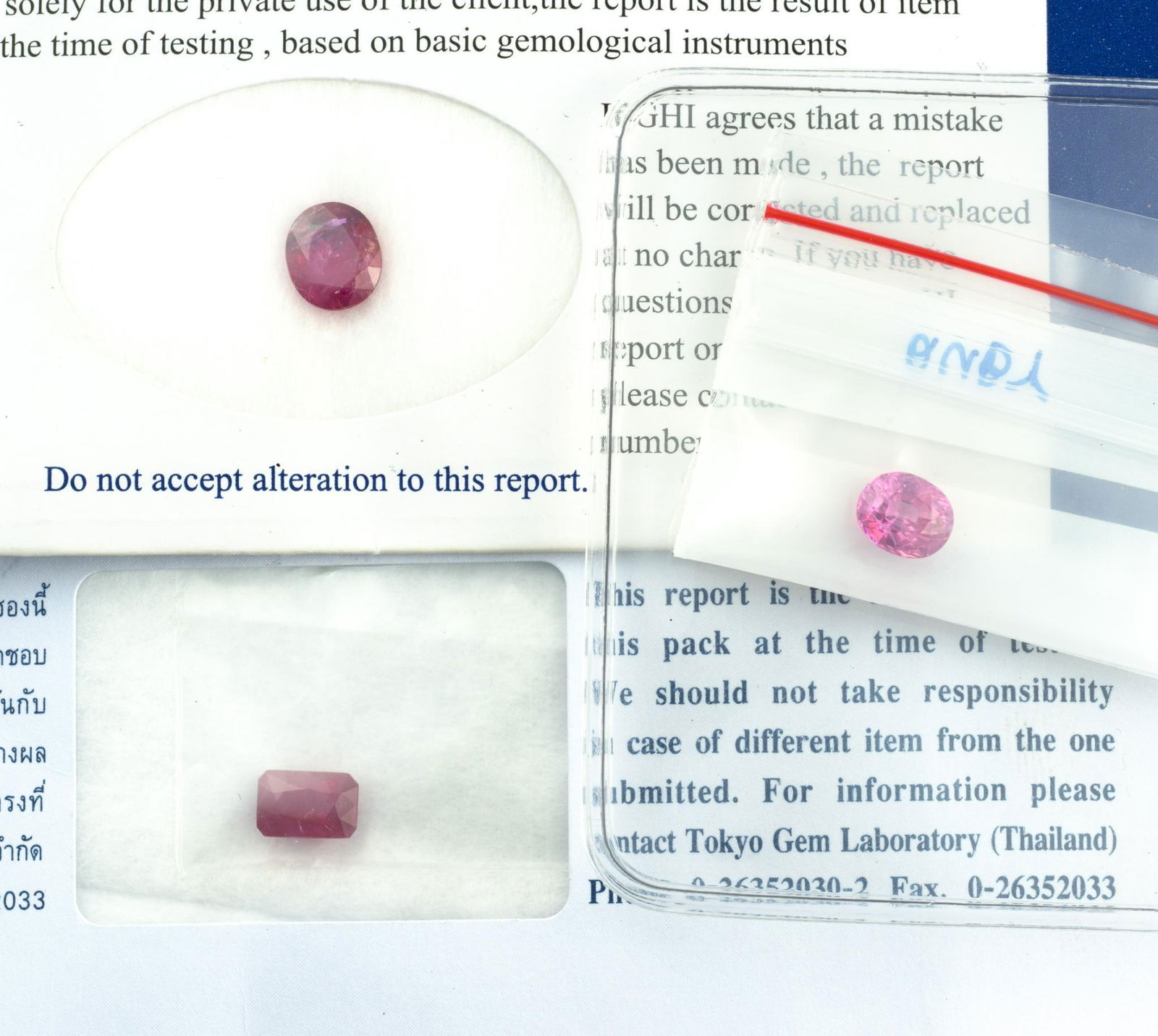 Three Natural Ruby Gemstones with Lab Reports: 1.46 carat loose natural pink ruby, oval cut, no evidence of heat enhancement, SLP Gem Laboratory Bangkok. 2.05 carat loose OM/Fancy cut red natural ruby, no evidence of thermal treatment,