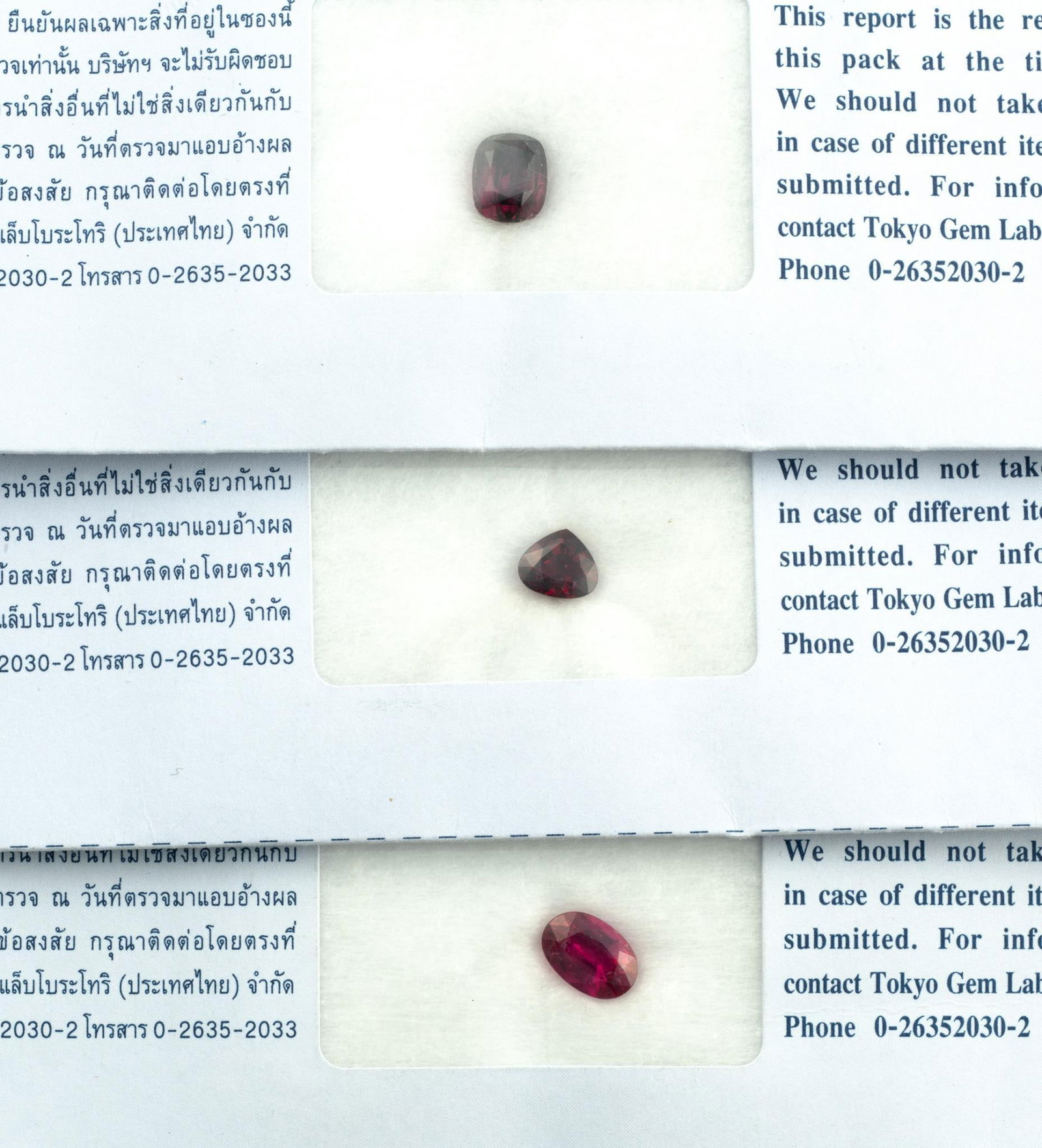 Three Natural Ruby Gemstones with Lab Reports: 2.11 carat loose cushion shaped purplish red natural ruby, determined to have no evidence of heat enhancement. 1.02 carat loose pear shaped purplish red ruby, determined to have no evidence of heat