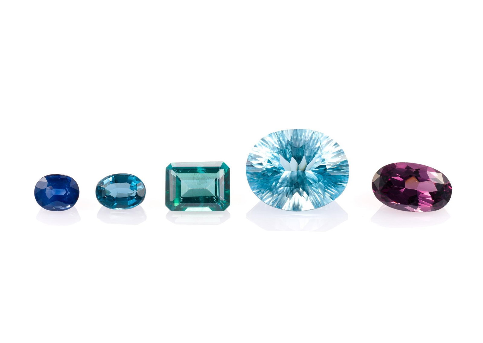 5 Gemstones incl Sapphire: Includes (1) Spinel, oval, 2.86 carats, VVS, natural; (2) Topaz, oval, 9.4 carats, VVS, irradiated; (3) Topaz, octagon, 2.8 carats, VS, natural; (4) Topaz, oval, 1.24 carat, VVS, heated; and (5) Sapph