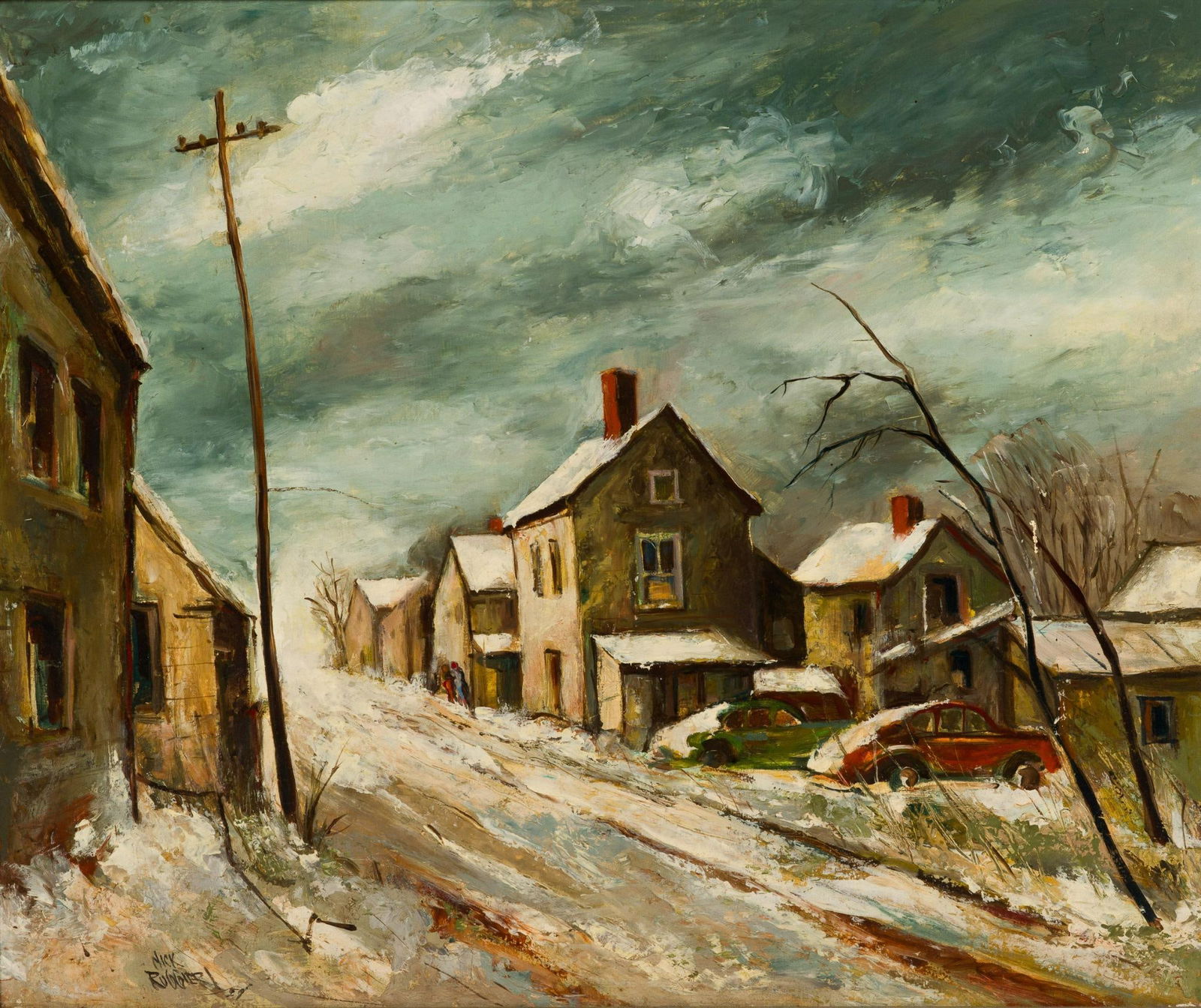 Nick Ruggieri (Pennsylvania, 1908 - 1996) Oil Painting: NOT ELIGIBLE FOR IN-HOUSE SHIPPING: See Terms for Shipping Options. Oil on board by Nick Ruggieri dated 1959. Ruggieri (1908 - 1996) was a well known Harrisburg artist whose work is in the permanent