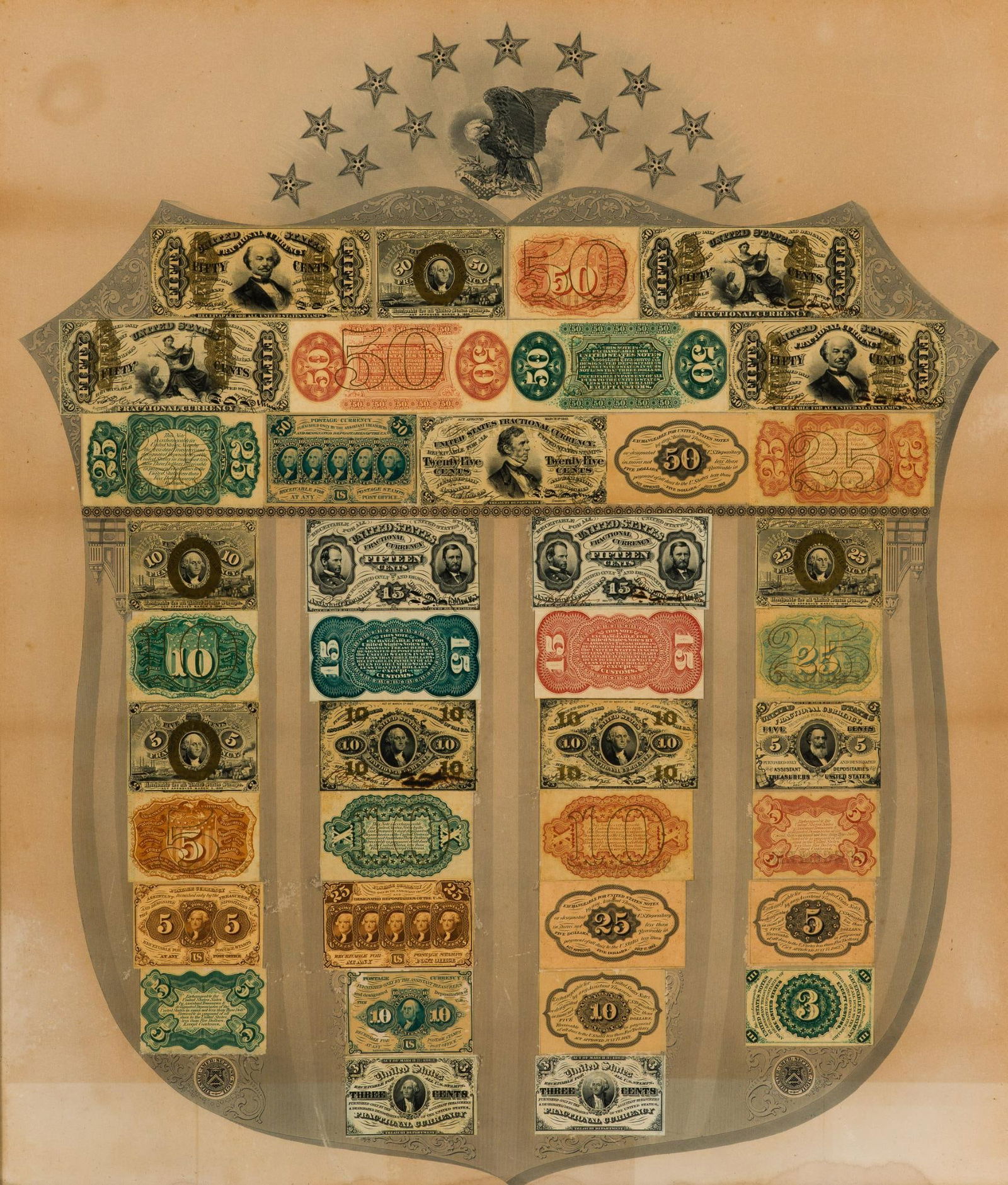 Fractional Currency Shield 1866: NOT ELIGIBLE FOR IN-HOUSE SHIPPING: See Terms for Shipping Options. A very fine example with no tears, repairs or cutting-out. Some fading variation to the background. A gray shield version. The indiv