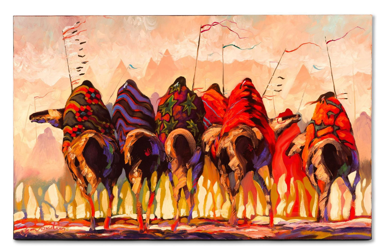 Bruce Carlton Nowlin Oil On Canvas Painting: NOT ELIGIBLE FOR IN-HOUSE SHIPPING: See Terms for Shipping Options. A painting from 2005 by B. C. Nowlin, a New Mexico artist born 1949. This work, an abstract Native American historic scene, is a fre