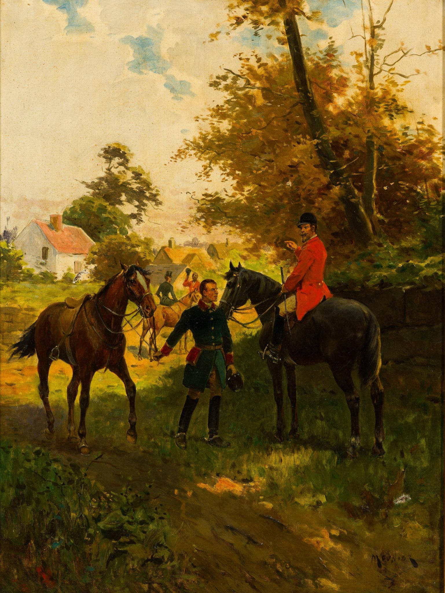 Oil On Canvas 1800's Equestrian Manner of Jean Richard Goubie: NOT ELIGIBLE FOR IN-HOUSE SHIPPING: See Terms for Shipping Options. The painting is 19th century European, signed Meiner. It is similar to the work of Jean Richard Goubie 1842 -1899. It is unlined and