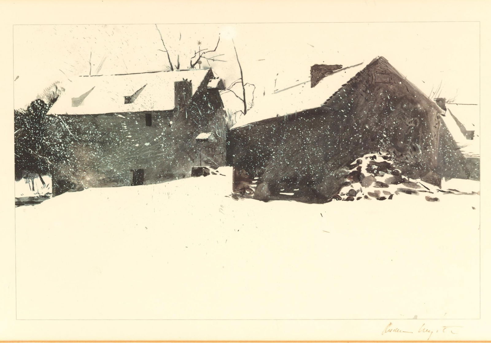 Andrew Wyth "Brinton's Mill" Offset Lithograph: NOT ELIGIBLE FOR IN-HOUSE SHIPPING: See Terms for Shipping Options. Signed lower right in pencil. Cream wove paper. Some fading at the edges. Framed 15" x 19", image 8-7/6" to 13-1/4".