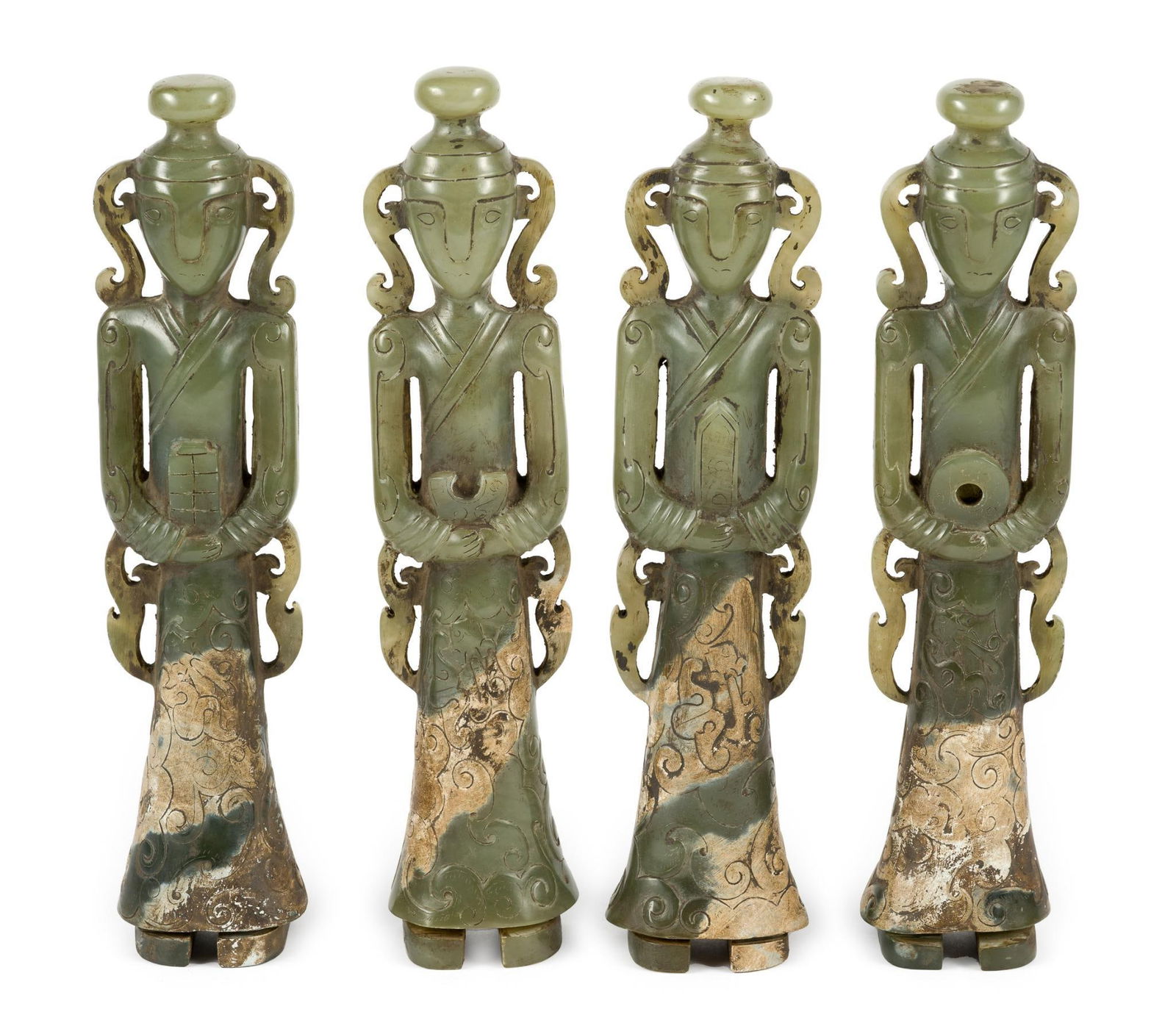 Four Antique Chinese Jade Court Figures: Jade figures in frommal dress made as a set. Each is 8 3/4" in height.