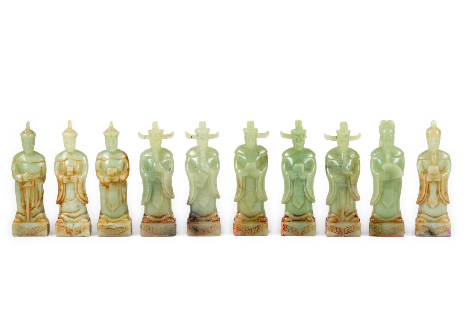 Set of 10 Chinese Qing Jade Court Figure Chop Stamps: A set of ten nephrite jade figural chop stamp pieces. Each is 5 7/8" in height. One has a loss to the point of the hat.