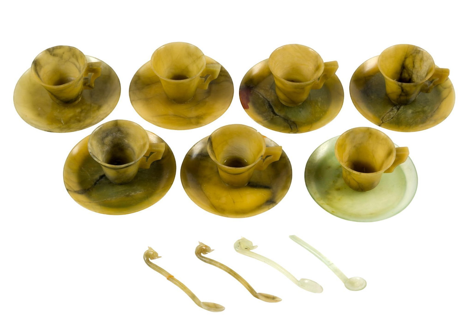 Set of 7 Jade Tea Cups & Saucers w/ Spoons: Spoons with dragon head handles. Saucers measure 4-3/4" diameter. Cups measure 2-1/2" diameter x 2" high. Spoons measure 4-1/4" long.