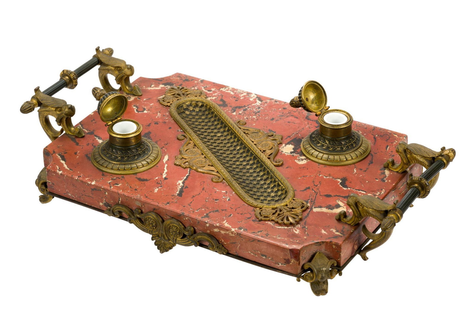 French 19th Century Gilt Bronze Ink Stand: Red marble and gilt bronze ink stand with removable porcelain wells. 3 1/2" height by 17 1/2" by 10".