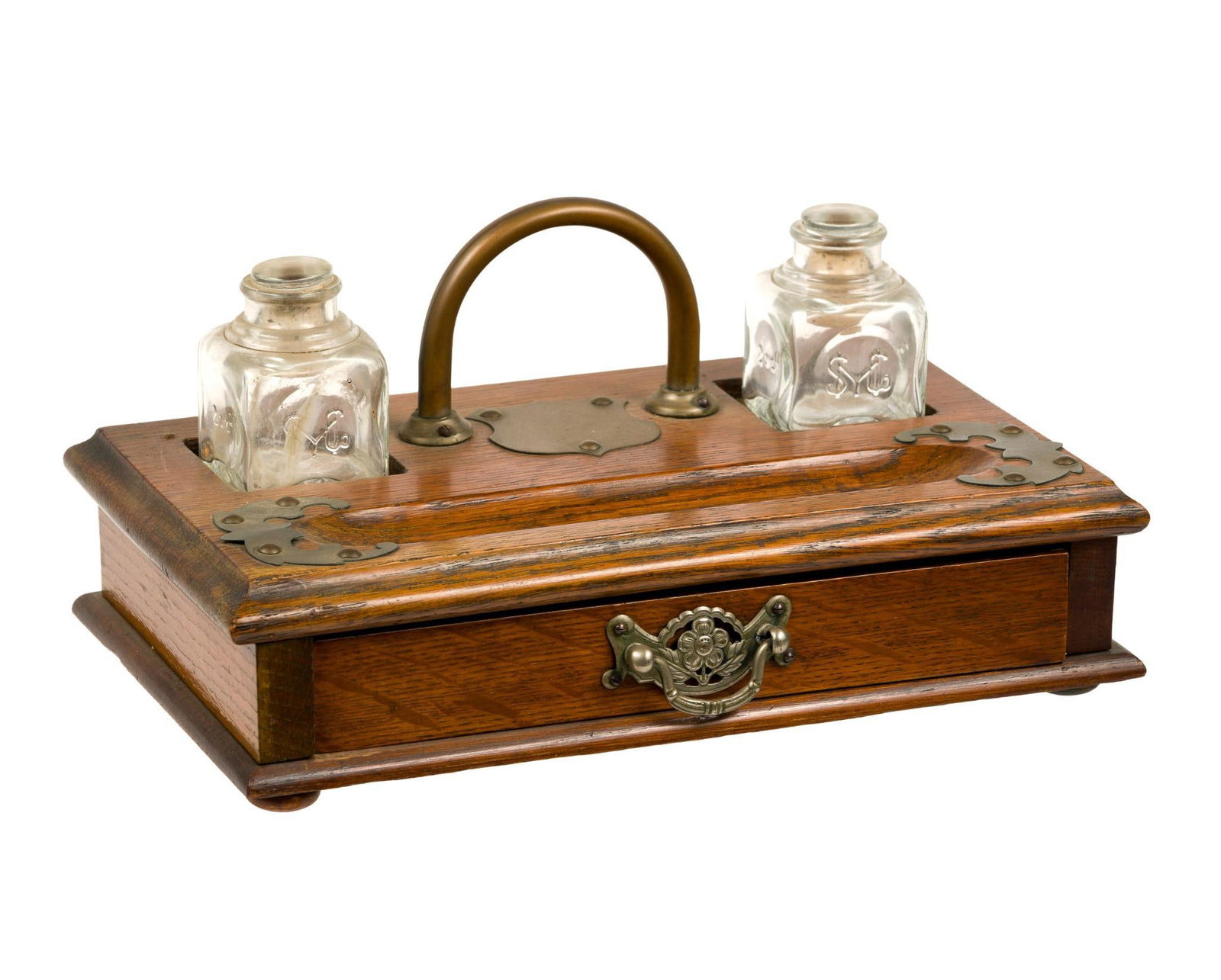 Antique Double Glass Inkwell Desk Set: A single drawer ink stand with good originality including wood finish. 6" height by 12" by 7 1/4".