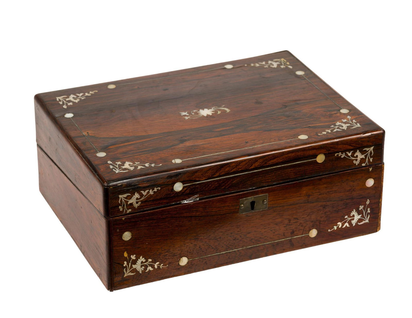 Antique Writing Slope with Inlay Work: A writing slope from the late 1800's or early 1900's measuring 5" X 12" X 9". Some flaws consistent with age including a small loss to the inlay.