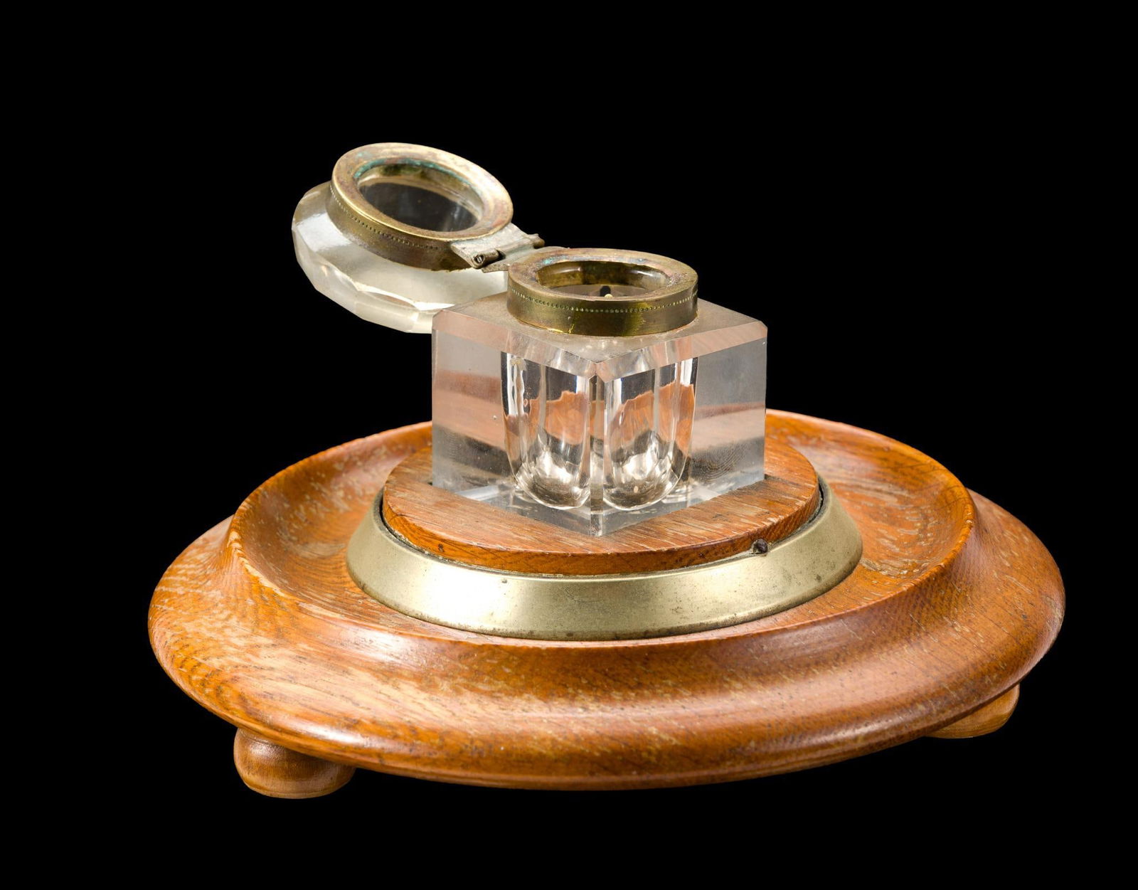 Antique Wood and Glass Inkwell: The inkwell is 5 1/2" daimeter by 3" height.