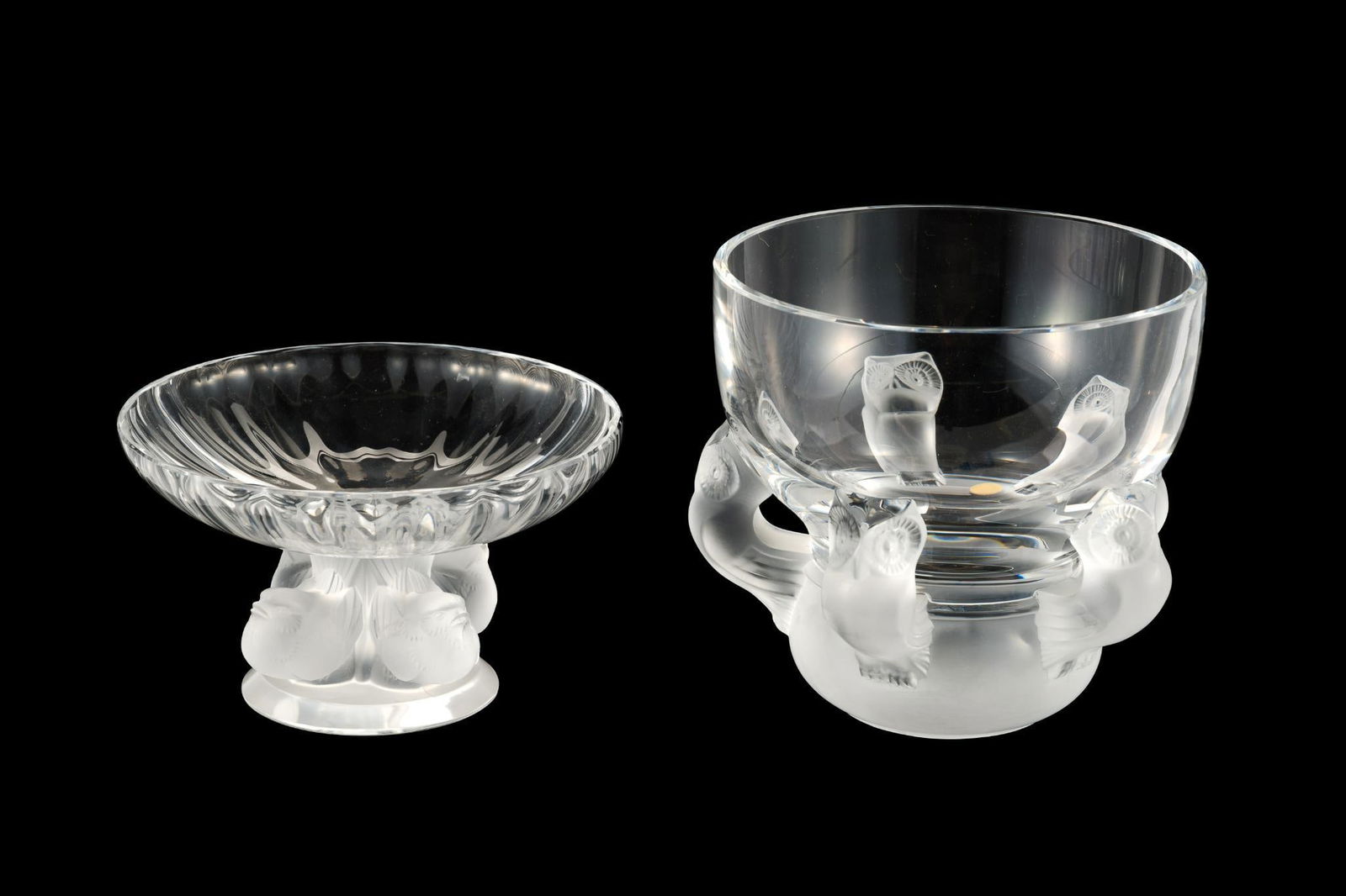 Two Lalique Crystal Bowls: Lalique Hiboux owl bowl 5 1/4" diameter by 5" height and Lalique Nogent Bowl 5 1/2" diameter by 3 3/8" height. Both engraved Lalique France to the bases.