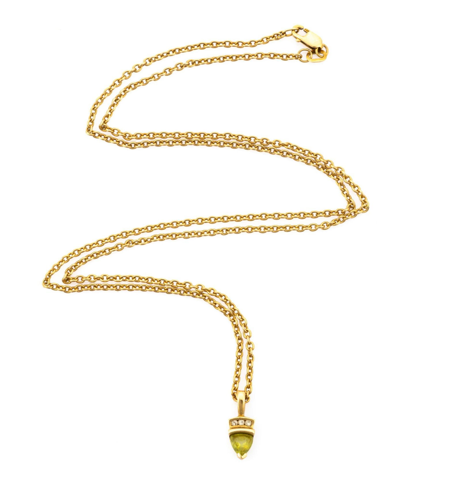 14K Gold Pendant Necklace: A 21" chain with peridot and diamond gemstone pendant in yellow gold. The weight is 6.6 grams.
