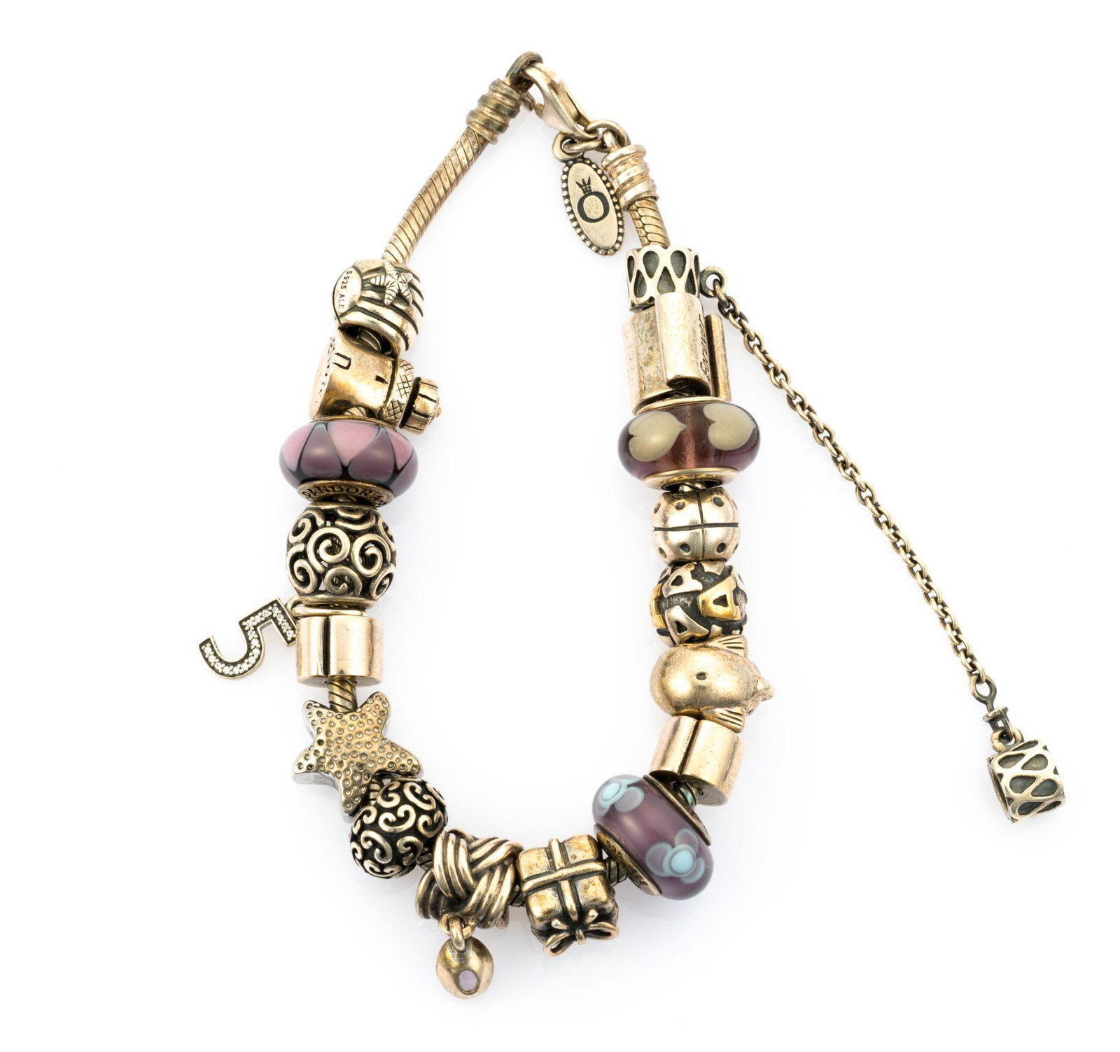 Sterling Silver Pandora Charm Bracelet: An 8" Pandora sterling charm bracelet loaded with charms.