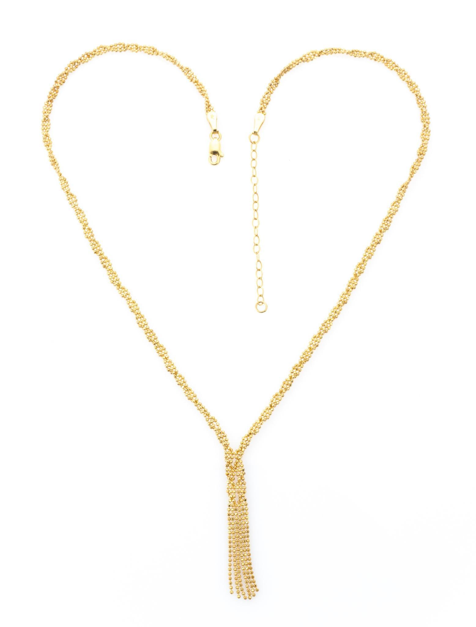 14K Gold Chain Tassel Necklace: A 15" yellow gold chain necklace with a 2" extension so can be 17" length as well. Total weight is 5.3 grams.