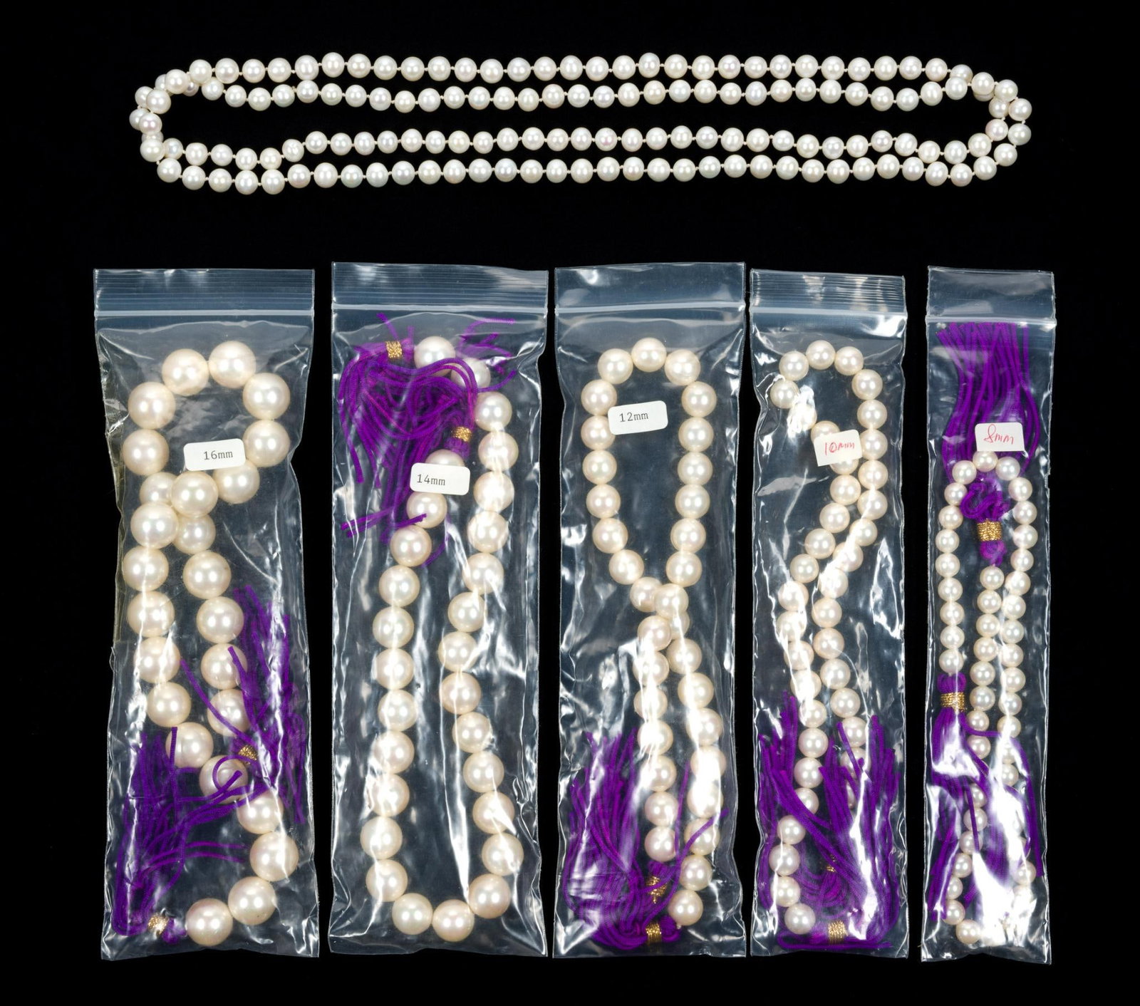 6 Faux Pearl Strands: 8 to 16 mm beads. 19-3/4" to 21" long.