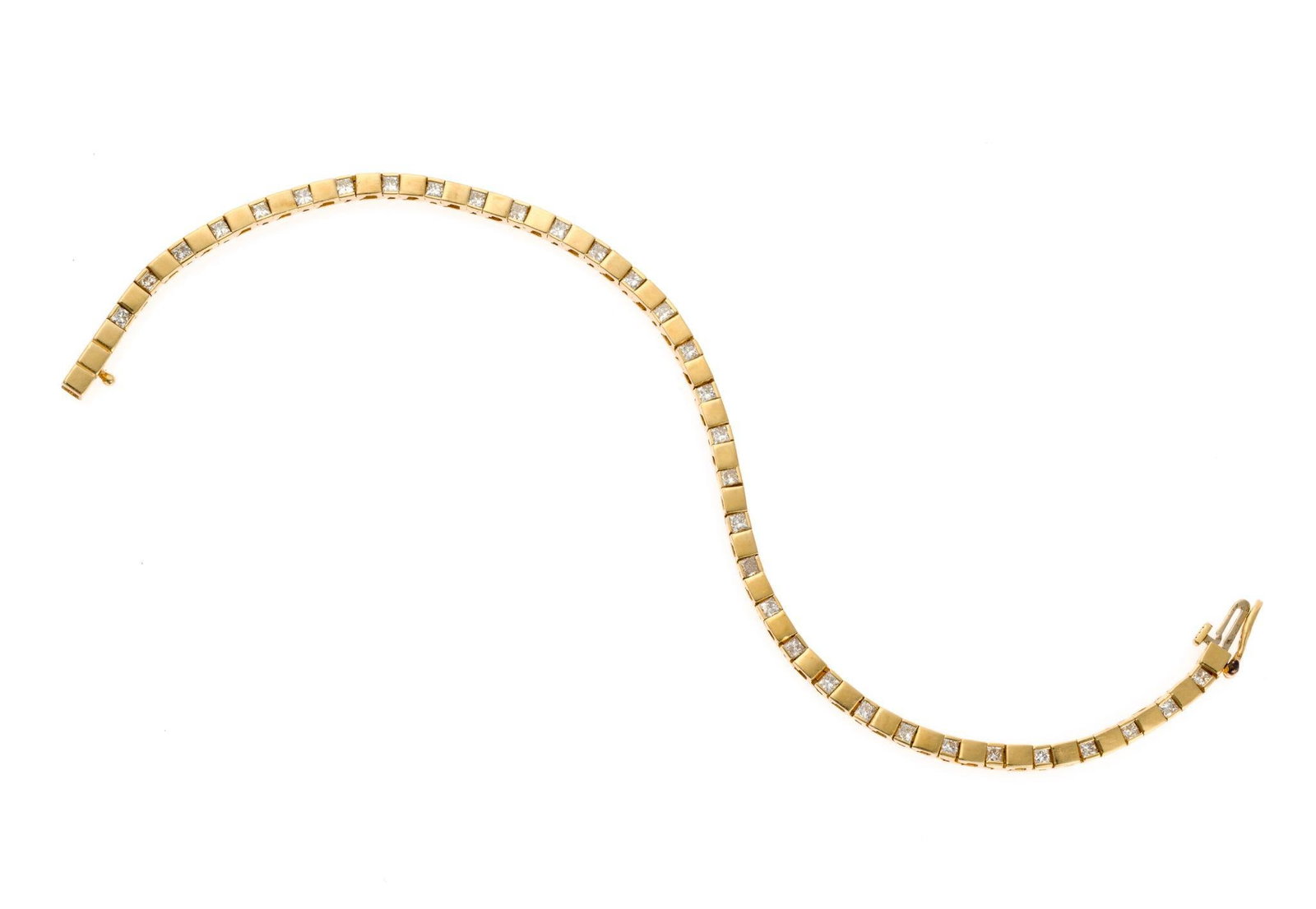 14K Gold Diamond Bracelet: An 8" length diamond line bracelet (tennis bracelet) with 33 princess cut diamonds totaling 1.98 carats, Clarity VS2 to SI1, Color I-J. Includes 2005 appraisal from Munn's Diamond Gallery in Lemoyne,