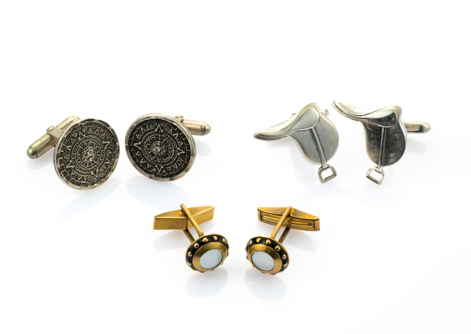 3 Prs Sterling Silver Cufflinks incl Mexican: All marked. 1/2" to 3/4" wide. Total 1.08 ozt.